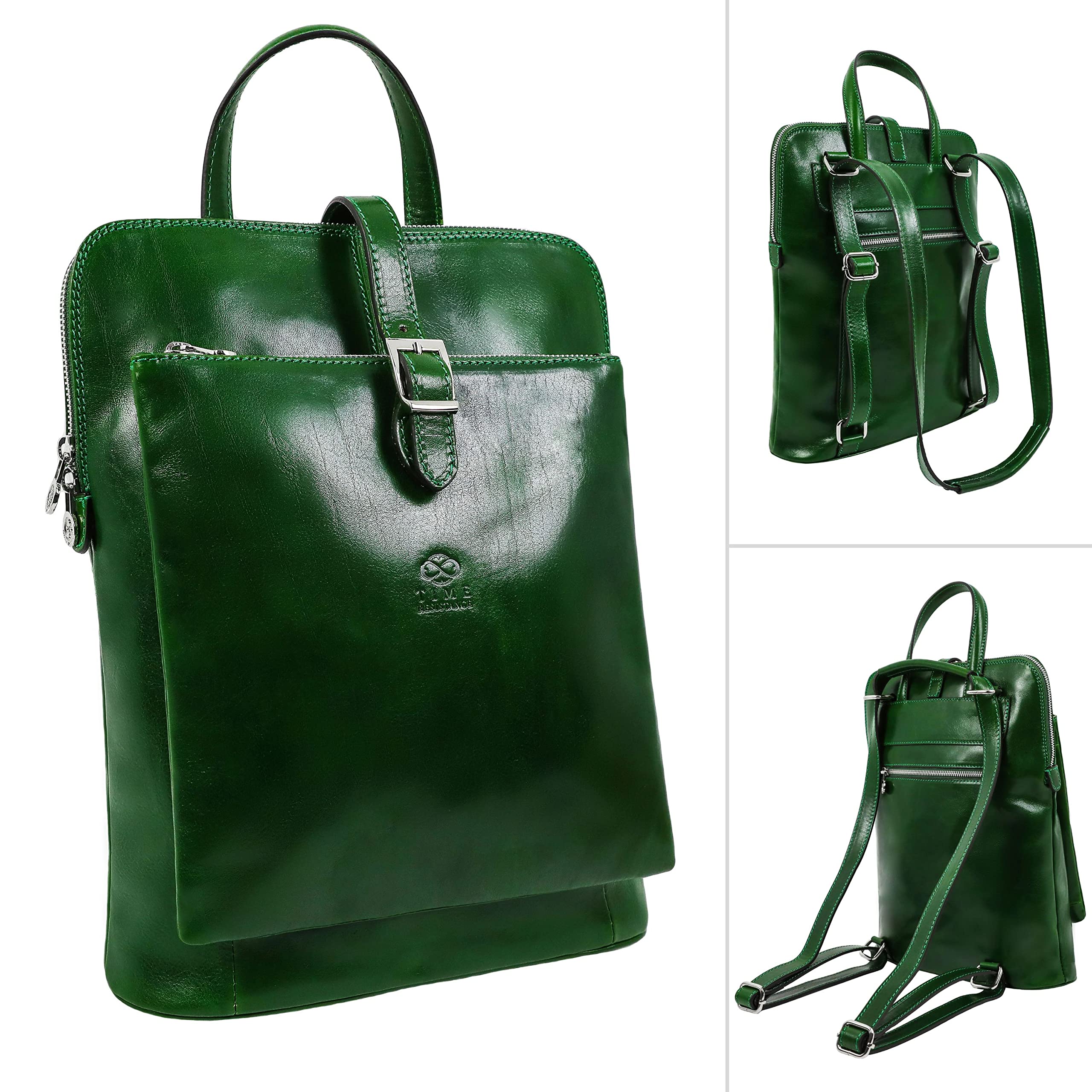 Premium Full Grain Leather Backpack for Women - Convertible to Shoulder Bag - Durable Travel Rucksack with Time Resistance (Green) - Perfect for Work, College & Weekend Getaways
