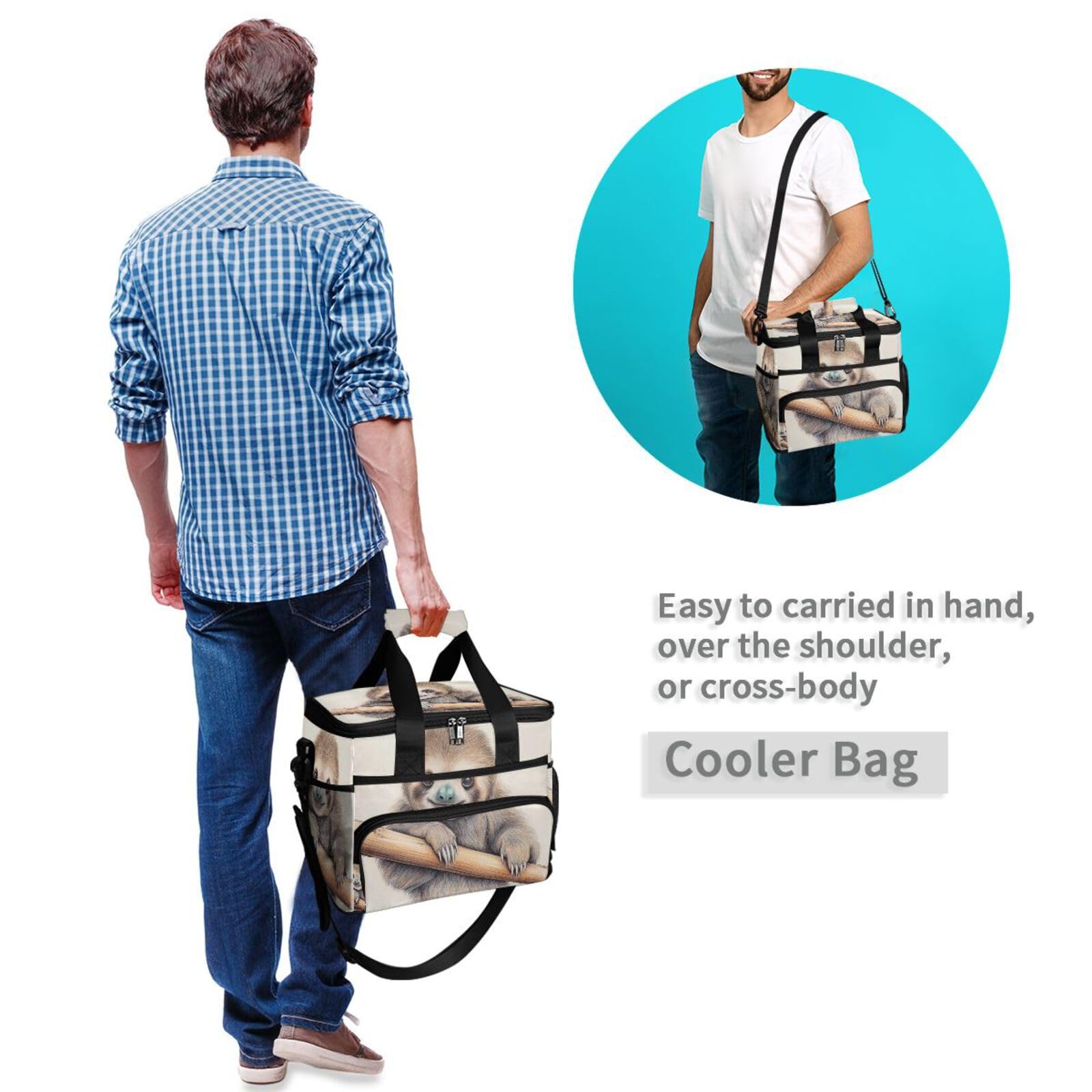 Sloth Insulated Cooler Lunch Bag - Reusable, Leakproof Lunch Box for School, Work, Picnic, Beach, with Detachable Shoulder Strap - Perfect for Outdoor Adventures and Daily Commutes