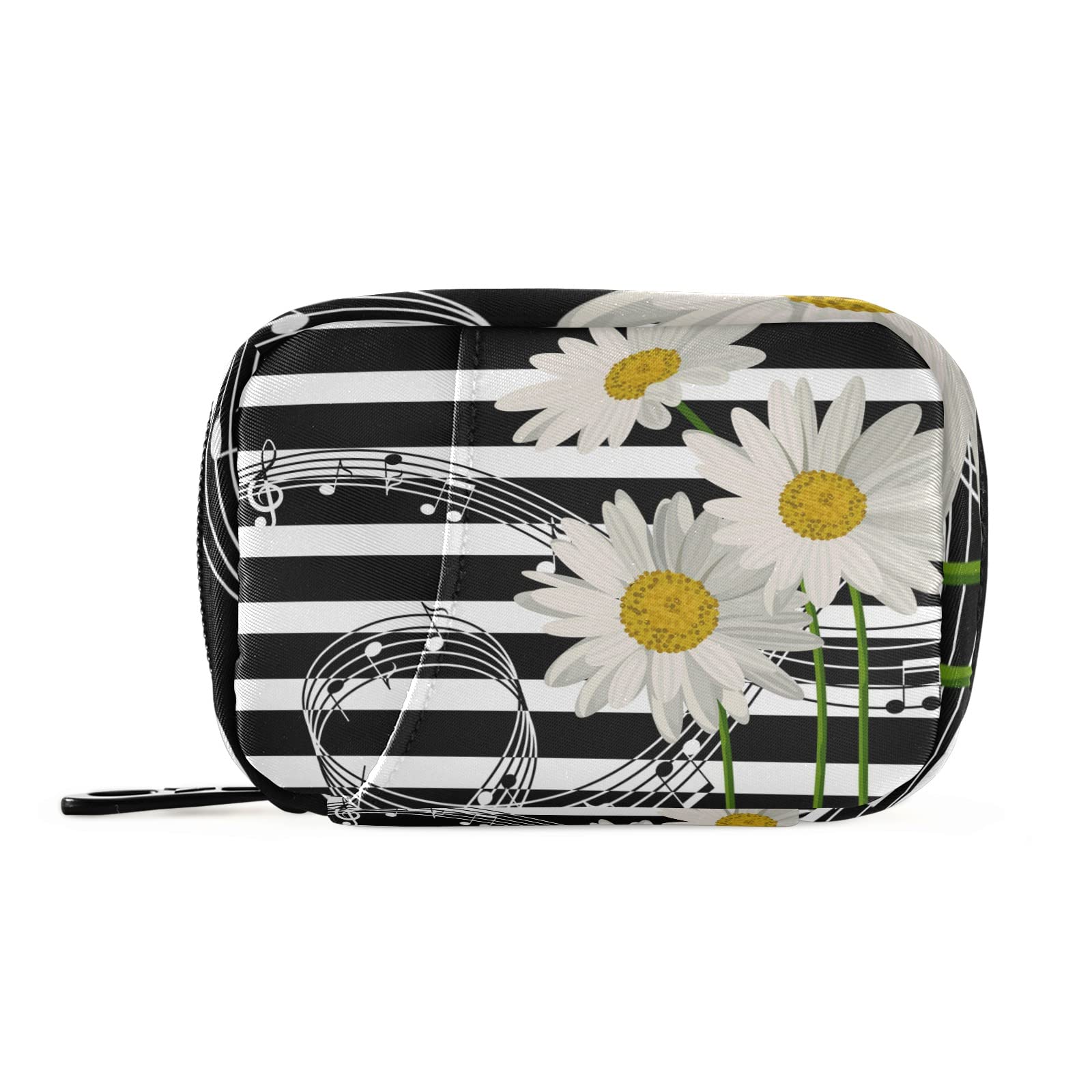 7-Day Travel Pill Organizer with Zipper - White Daisies & Black Stripes Design - Compact Weekly Pill Case for Vitamins, Supplements & Medications - Perfect for Home, Office & Travel Use