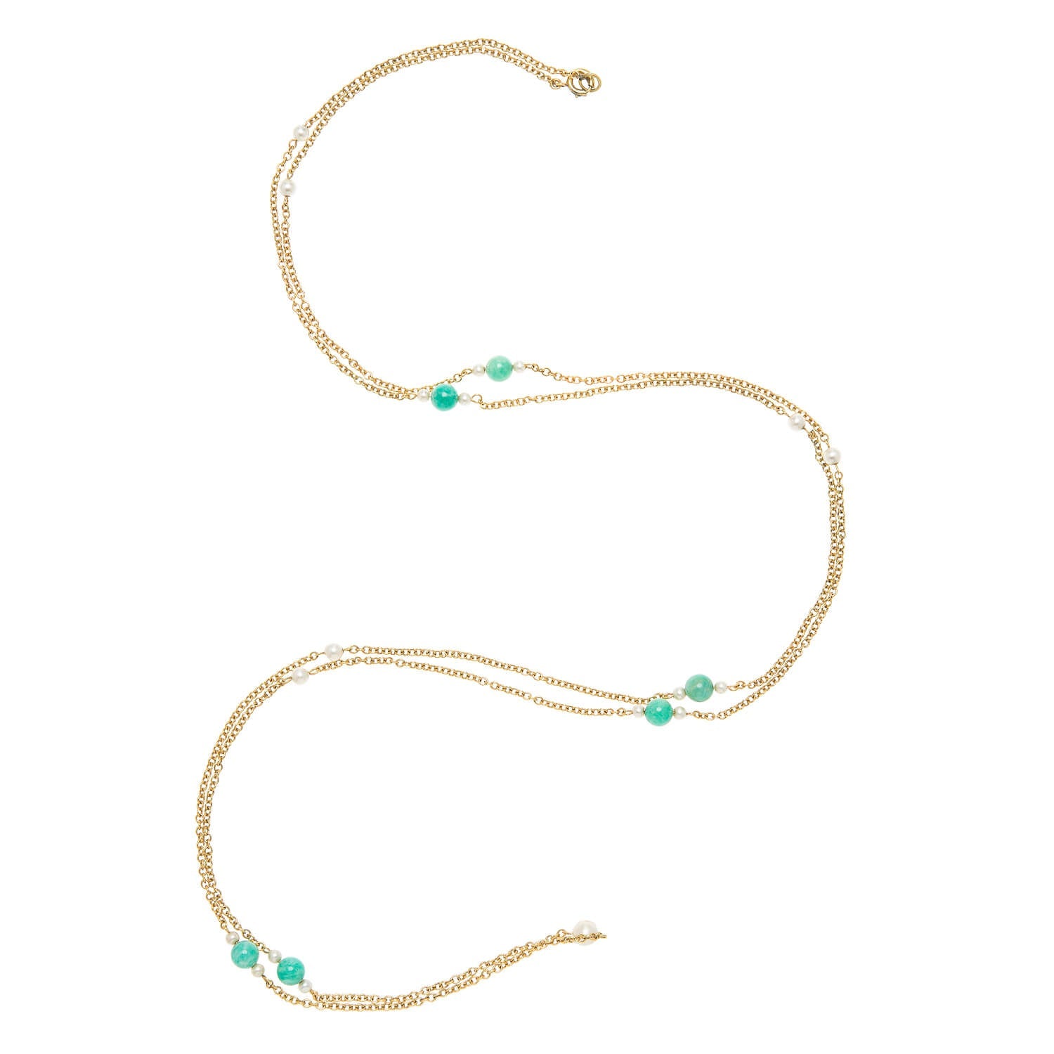 14K Gold Victorian Pearl and Jade Beaded Chain Necklace - 34 Inch Elegant Vintage Jewelry for Weddings, Parties & Special Occasions