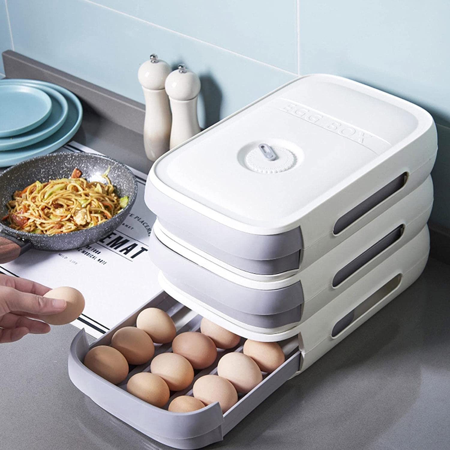 SKOFRI 18-Grid Refrigerator Egg Holder - BPA-Free Drawer-Style Egg Storage Container with Date Reminder - White Fridge Organizer for Fresh Eggs - Perfect for Kitchen Organization & Meal Prep