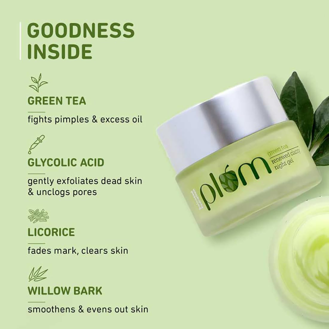 Plum Green Tea Renewed Clarity Night Gel Mini - Hydrating & Acne-Fighting Face Moisturizer for Oily Skin | Lightweight, Quick-Absorbing, Non-Sticky Vegan Gel | Perfect for Nighttime Skincare Routine & Travel