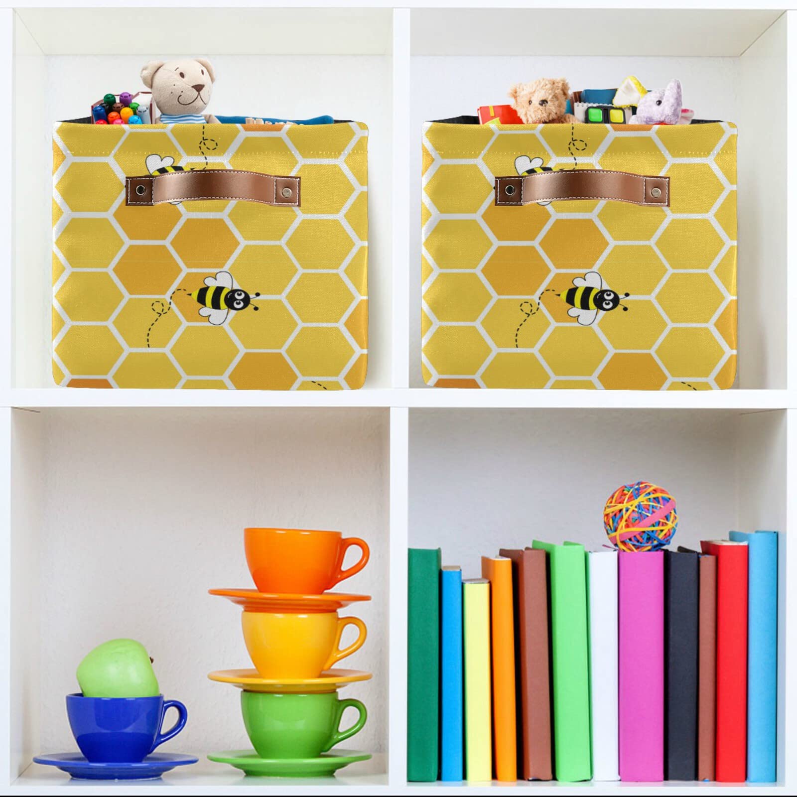 Honey Bee Collapsible Storage Basket with Leather Handles - Foldable Rectangular Storage Bin for Home, Nursery, Car & Office Organization | Space-Saving Home Decor & Toy Storage Solution