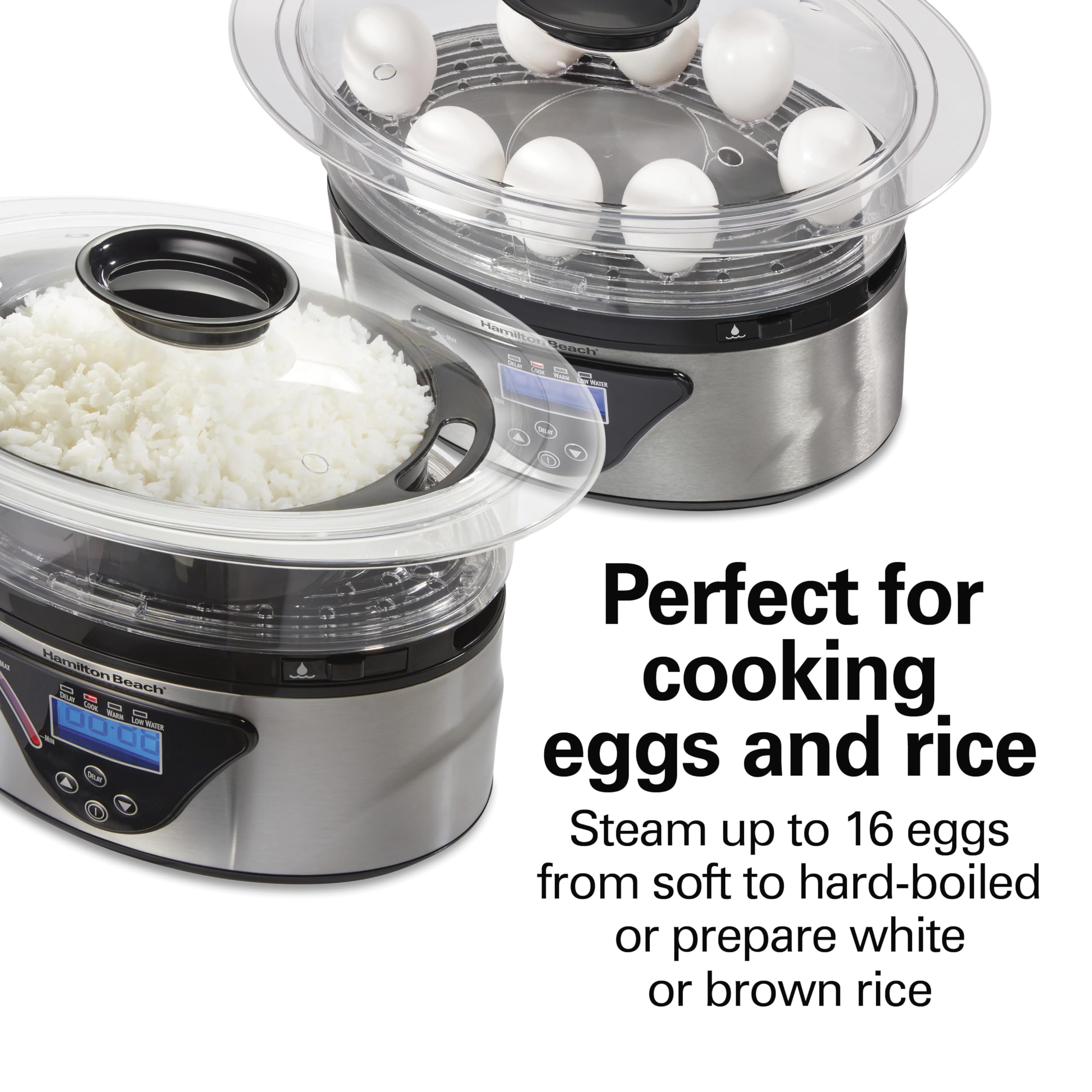 Hamilton Beach 5.5 Quart Digital Electric Food Steamer & Rice Cooker - Healthy Cooking for Vegetables, Seafood & Rice - Stackable Two-Tier Stainless Steel Bowls - Perfect for Meal Prep, Family Dinners & Healthy Eating (Black & Stainless Steel)