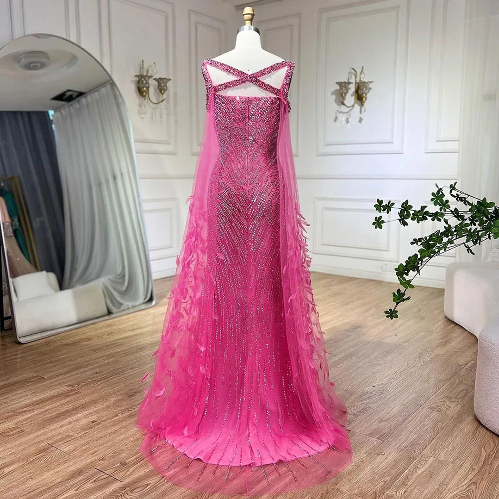 Elegant Fuchsia Mermaid Wedding Dress with Cape Sleeves, Beading & Feather Embellishments - Serene Hill LA72286 | Perfect for Bridal Party, Evening Gala & Formal Occasions