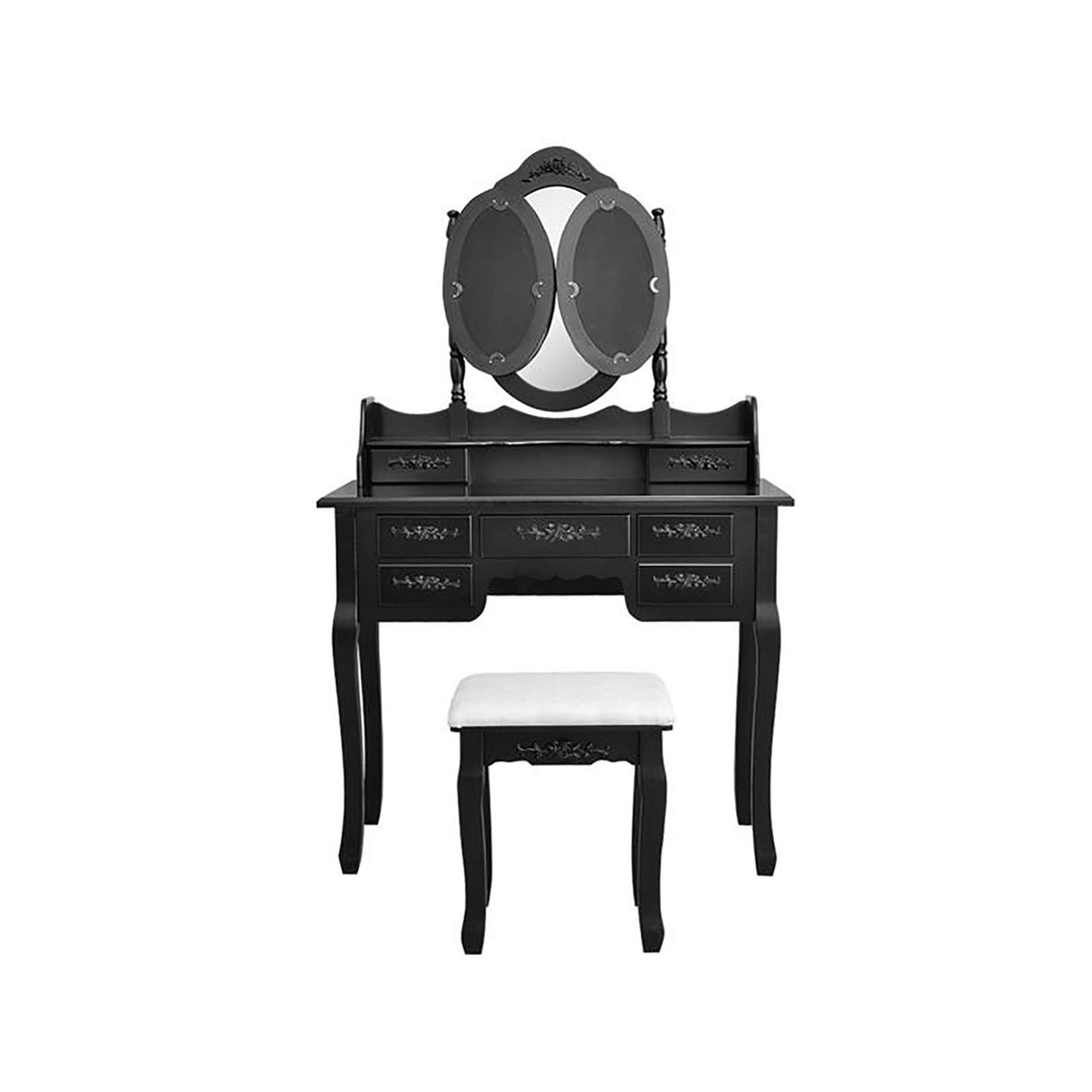XCJ 3-Piece Foldable Dressing Table Set with 7 Drawers & Adjustable Mirrors - Black Vanity Desk for Bedroom Makeup Organization | Perfect for Small Spaces, Cosmetics Storage & Daily Beauty Routine