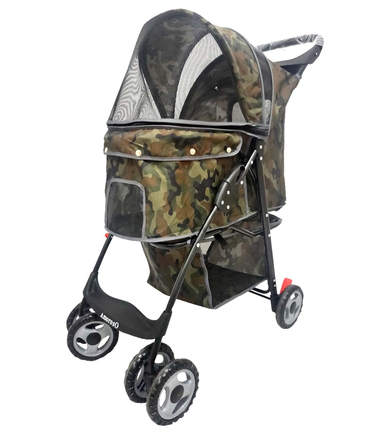 AmorosO 4 Wheel Pet Stroller for Small & Medium Dogs & Cats - Lightweight Foldable Travel Carrier with Waterproof Cover & Storage Basket - Perfect for Jogging, Shopping & Outdoor Adventures