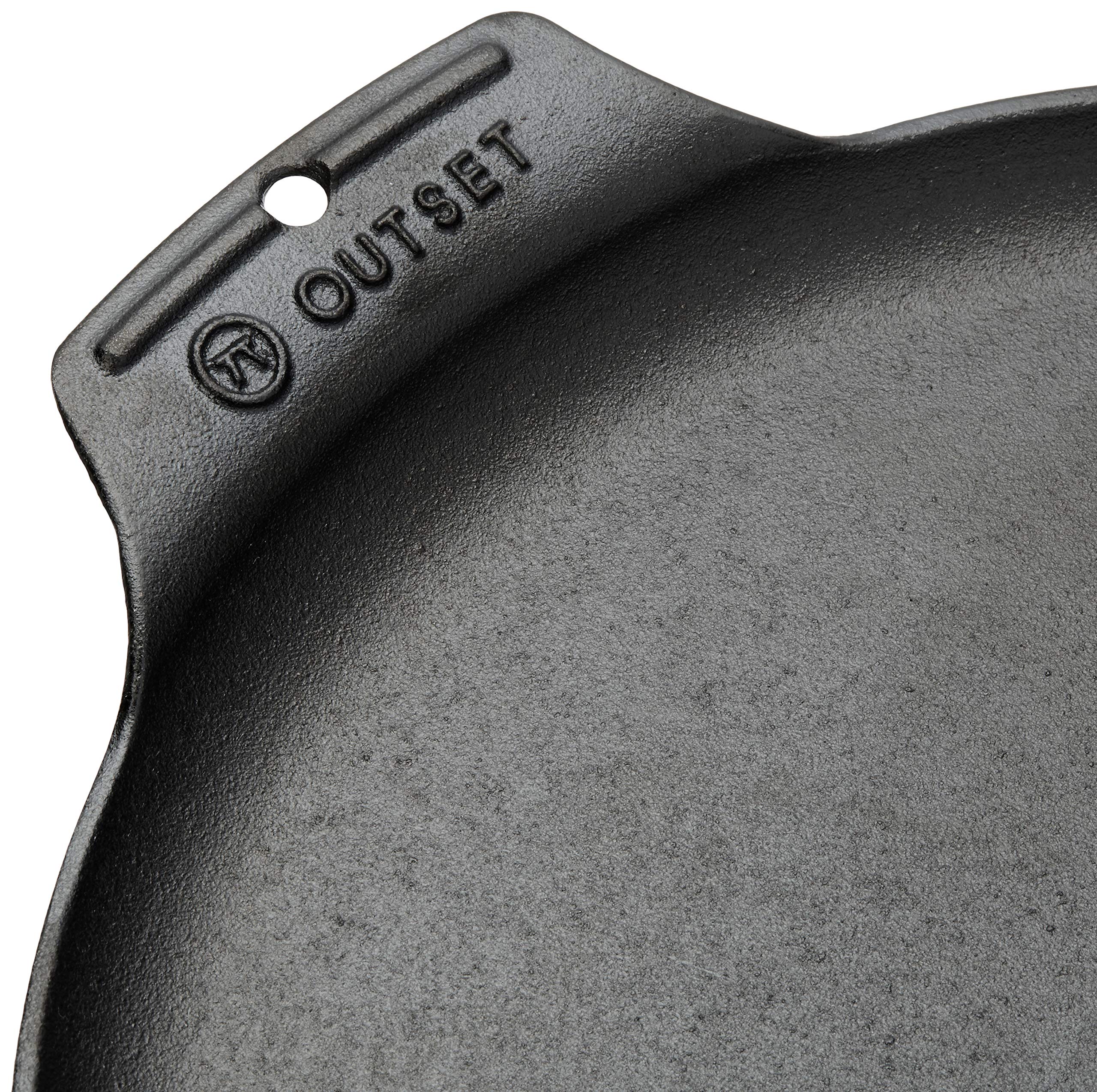 Outset 76378 Scallop Cast Iron Grill and Serving Pan - Black | Heavy Duty Pre-Seasoned Griddle for Steak, Seafood & Vegetables | Perfect for Indoor & Outdoor Cooking, Camping, BBQs & Family Gatherings