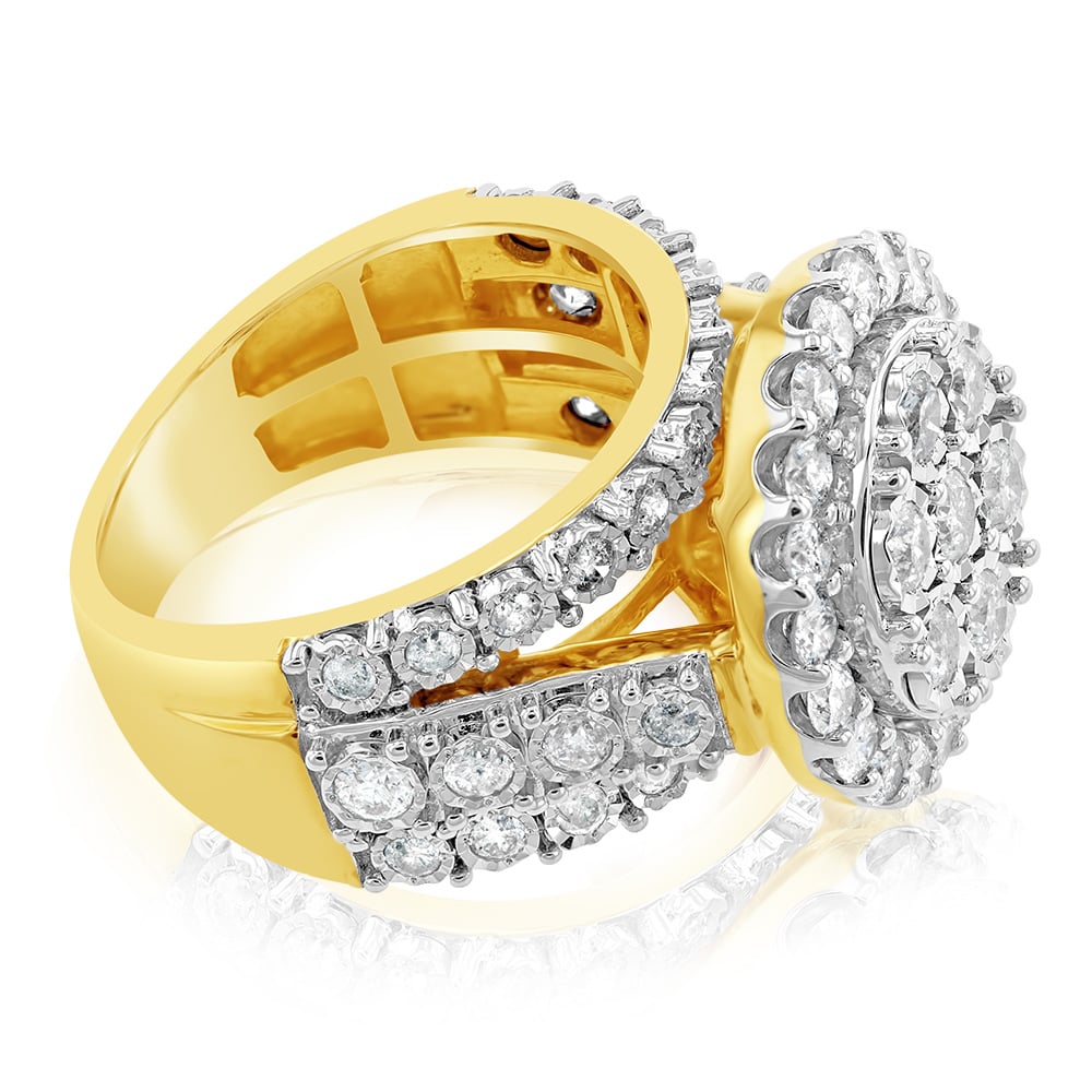 9ct Yellow Gold 2 Carat Diamond Cluster Round Dress Ring for Women - Elegant Wedding, Engagement & Evening Party Jewelry Gift
