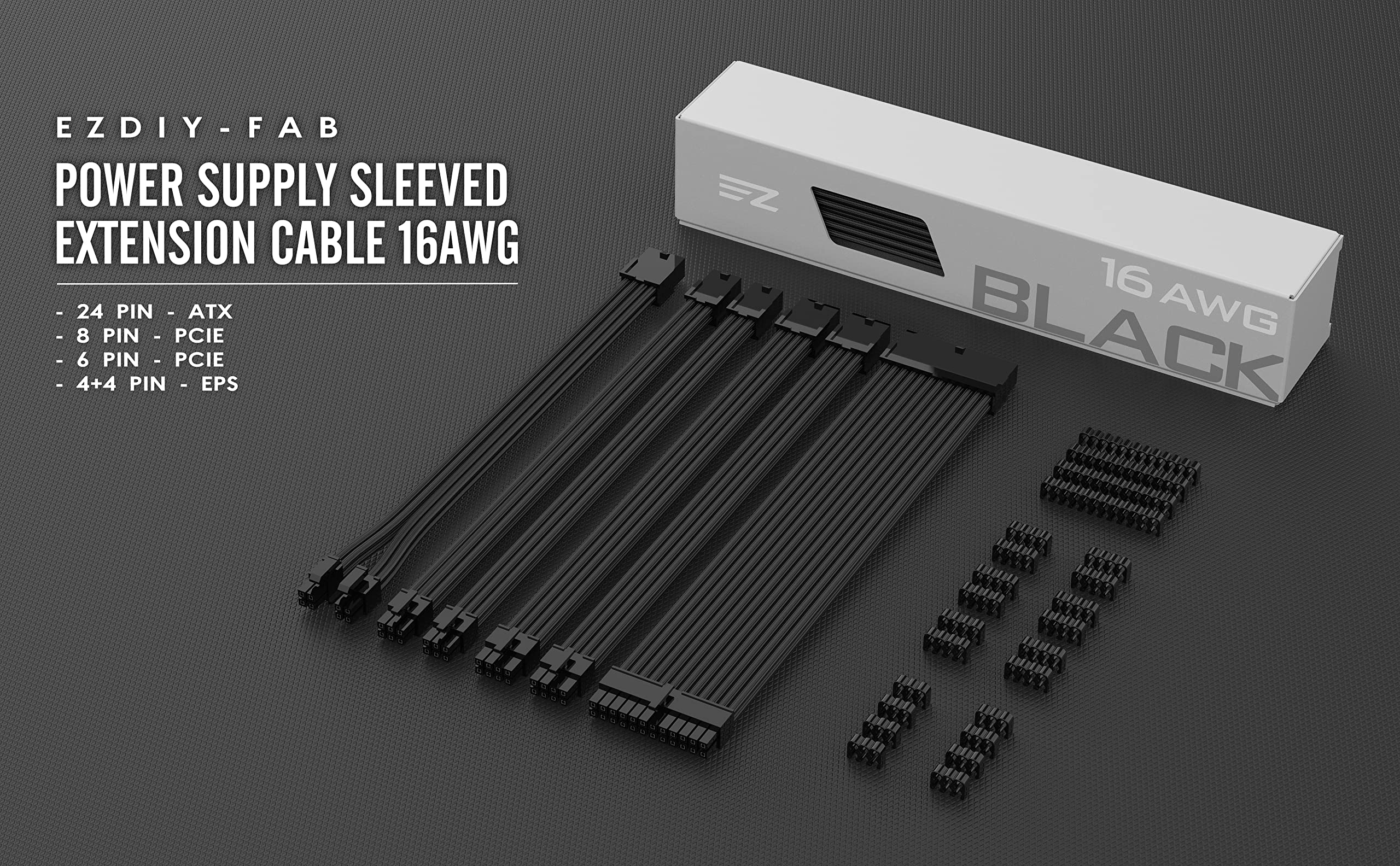 EZDIY-FAB Premium PSU Cable Extension Kit - 16 AWG Sleeved Cables (24-PIN, 8-PIN, 6-PIN, 4+4-PIN) with Cable Combs - Black | Custom Power Supply Upgrade for Gaming PC, Workstation & Custom Builds