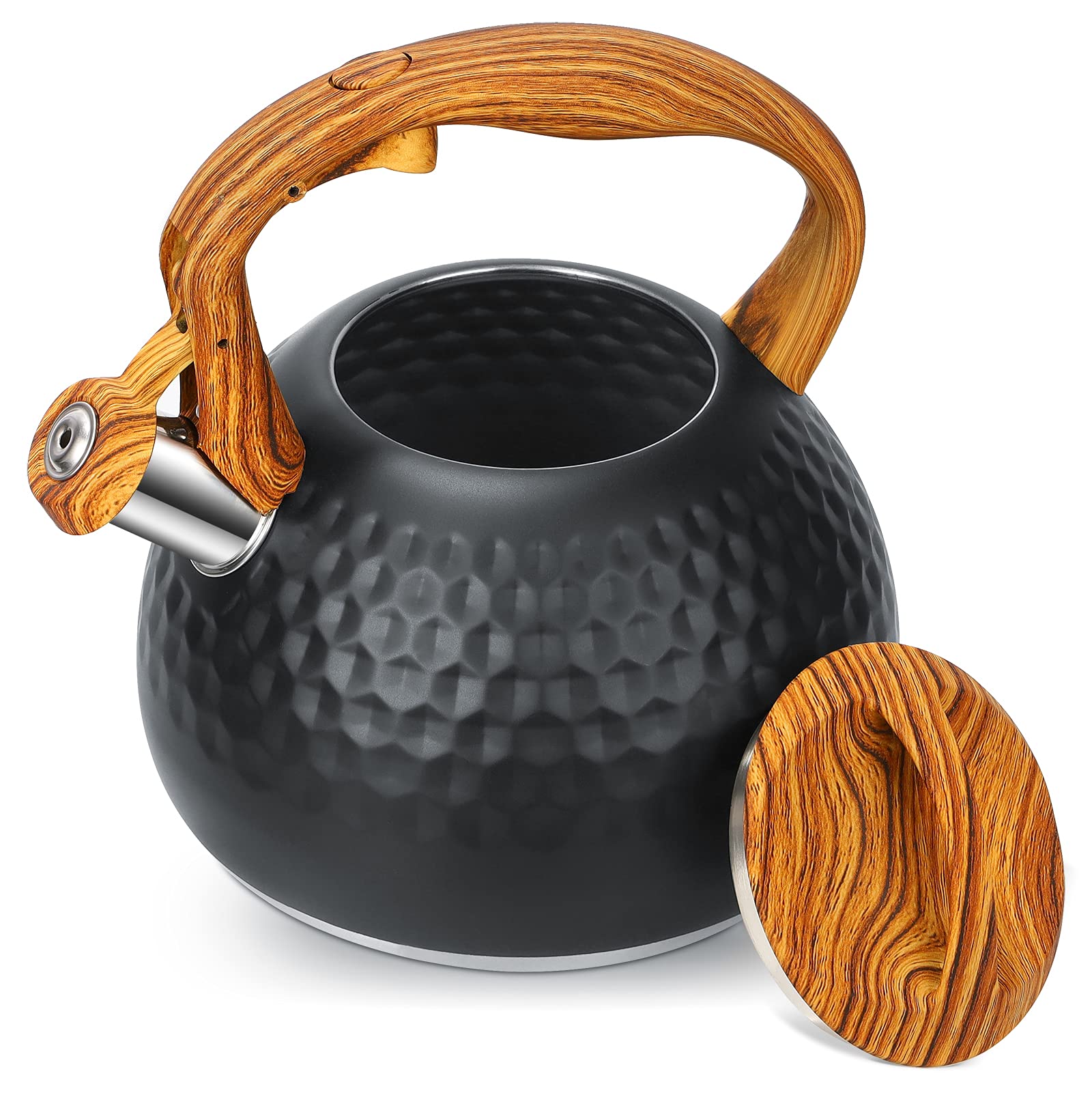 Stainless Steel Whistling Tea Kettle with Wooden Handle - 2.7 Quart Fast Boiling Teapot - Food Grade Safe for Stovetop - Perfect for Home, Office & Camping Tea Brewing