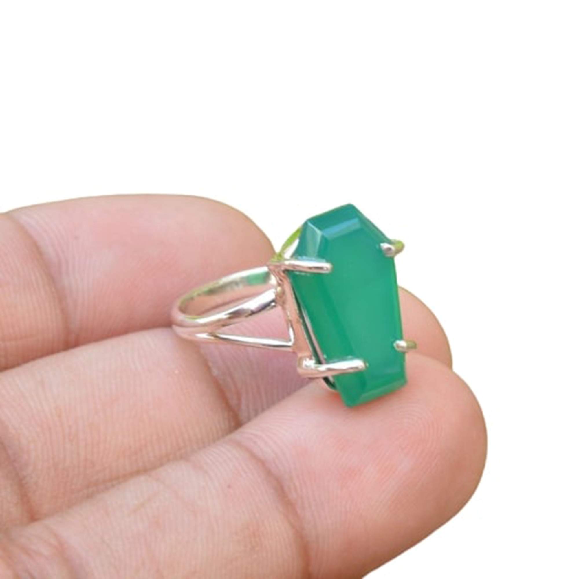 Natural Green Onyx Coffin Ring - 925 Sterling Silver Dainty Gemstone Ring for Women | Handmade Gothic Jewelry, Unique Christmas Gift, Engagement Ring for Her | Perfect for Halloween, Parties, and Everyday Wear