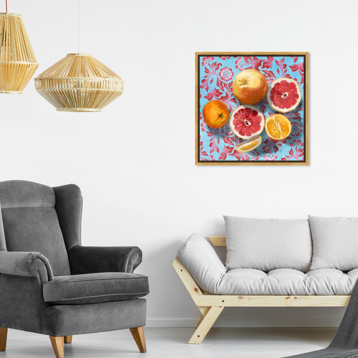 Tropical Citrus Still Life Blue Framed Canvas Wall Art Print - Sour Fruit Kitchen Decor for Cabin & Lodge - Perfect for Farmhouse, Dining Room & Country Style Homes