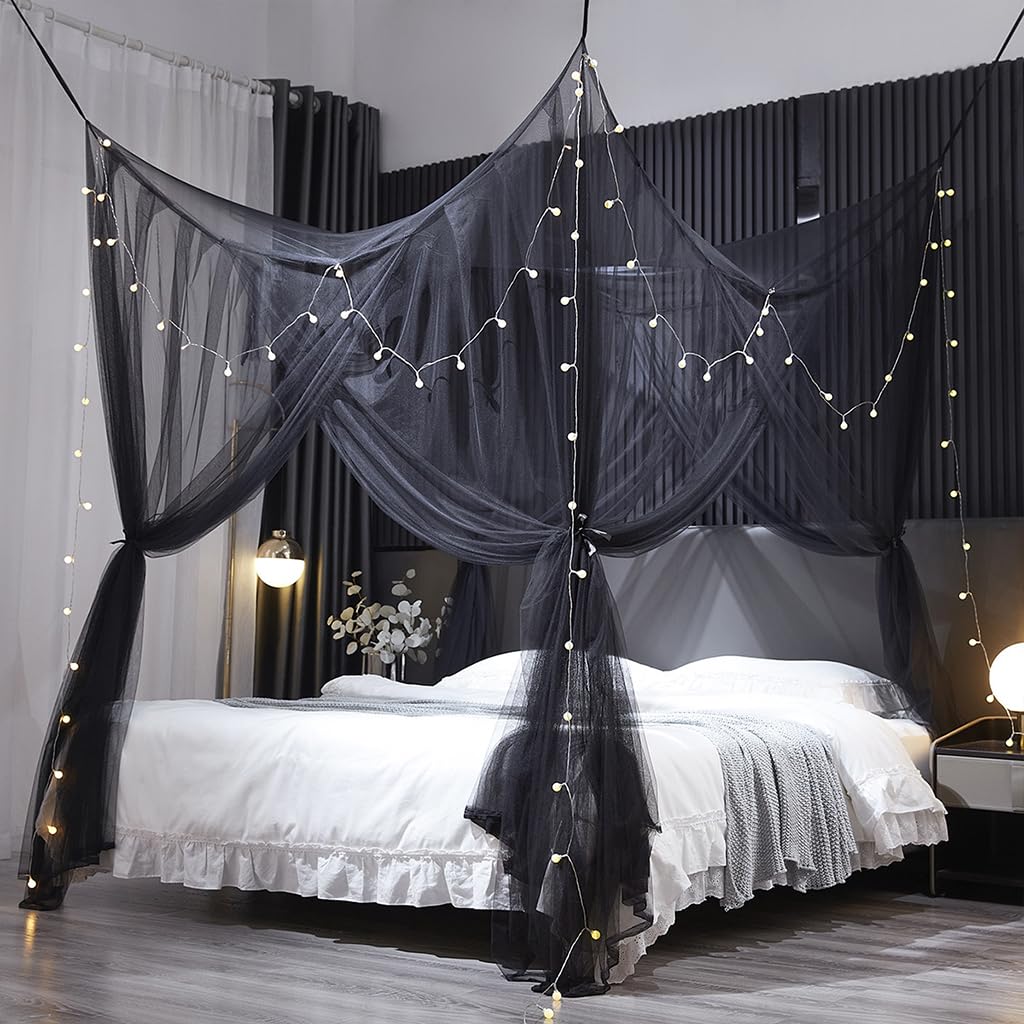 Luxury 4-Poster Mosquito Net with Dustproof Top - King Size Bed Canopy for Adults & Teens (Black) | Elegant Bedroom Decor for Twin/Full/Queen/King Beds | Perfect for Allergy Relief & Romantic Bedroom Setting