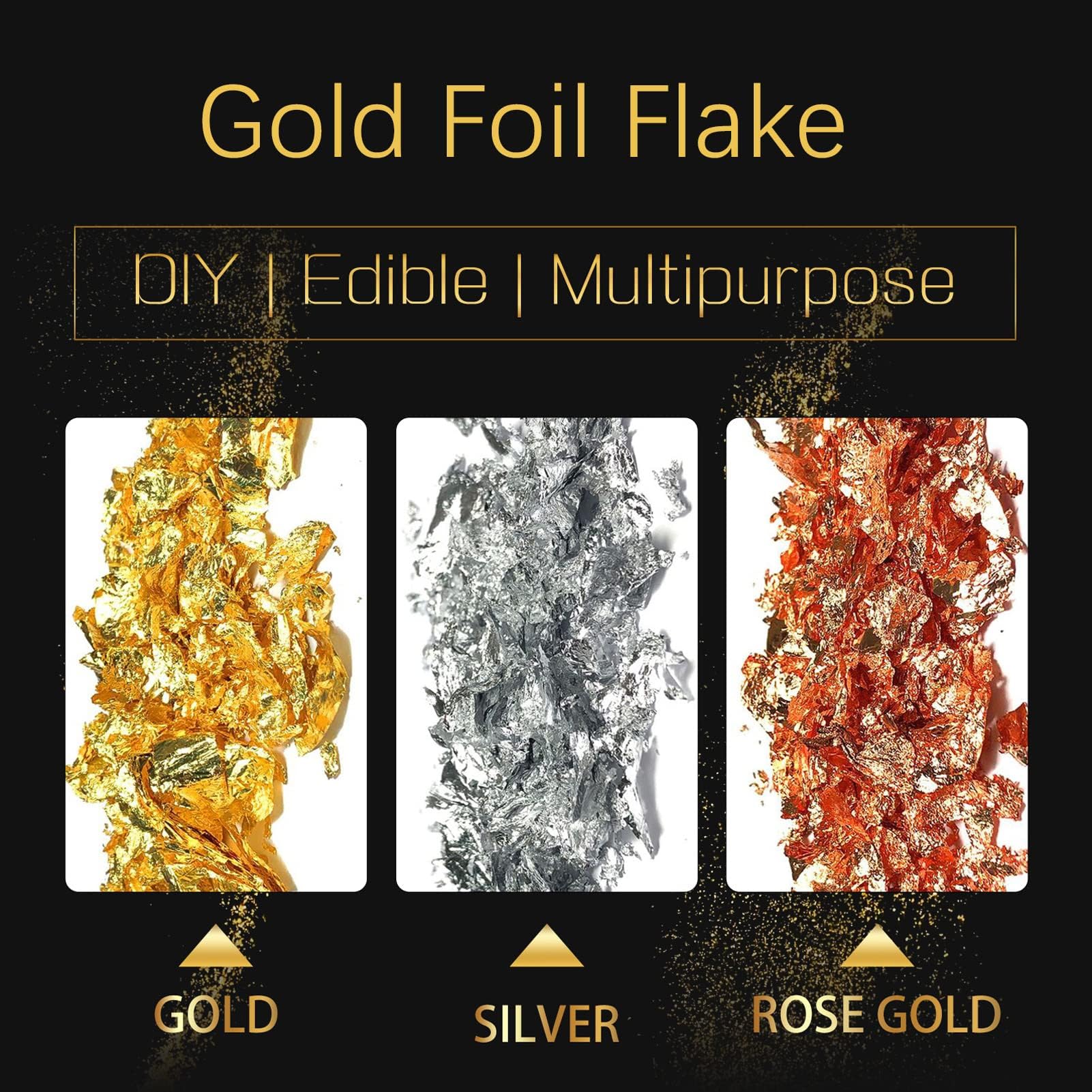 Premium Gold Leaf Flakes for Nail Art & DIY Crafts - 3 Bottles Kit (Gold, Silver, Copper) | Perfect for Epoxy Resin Jewelry, Nail Design, Slime Making & Metallic Gilding Projects