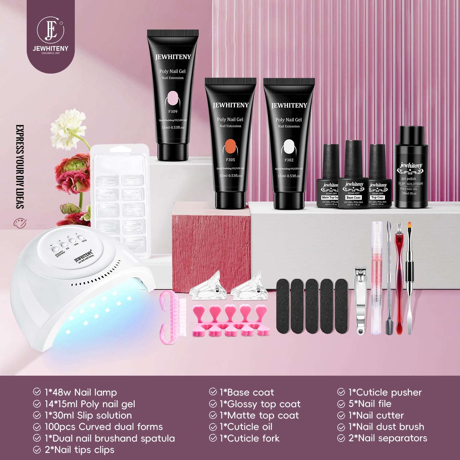 JEWHITENY 14 Colors Nude Pink Skin Tone Poly Gel Extension Kit - All-in-One French Manicure Starter Set with UV/LED Nail Lamp for DIY Salon-Quality Nails at Home | Perfect for Weddings, Parties & Everyday Glam