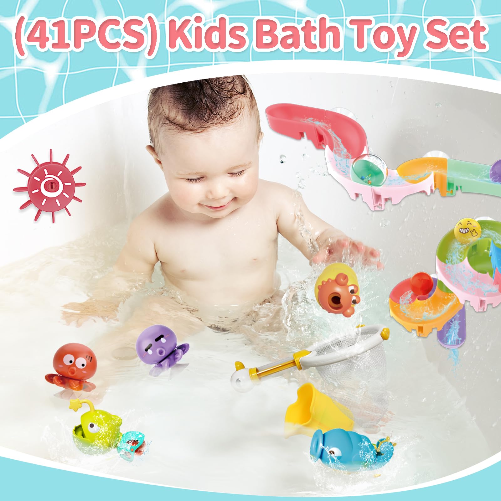 41 PCS Toddler Bath Toys Set with DIY Water Slide Track, Fishing Net & Floating Animals - Fun Bathtime Learning Toys for 1-5 Year Olds - Perfect for Baby Showers, Christmas & Birthday Gifts - Encourages Sensory Play & Motor Skills Development