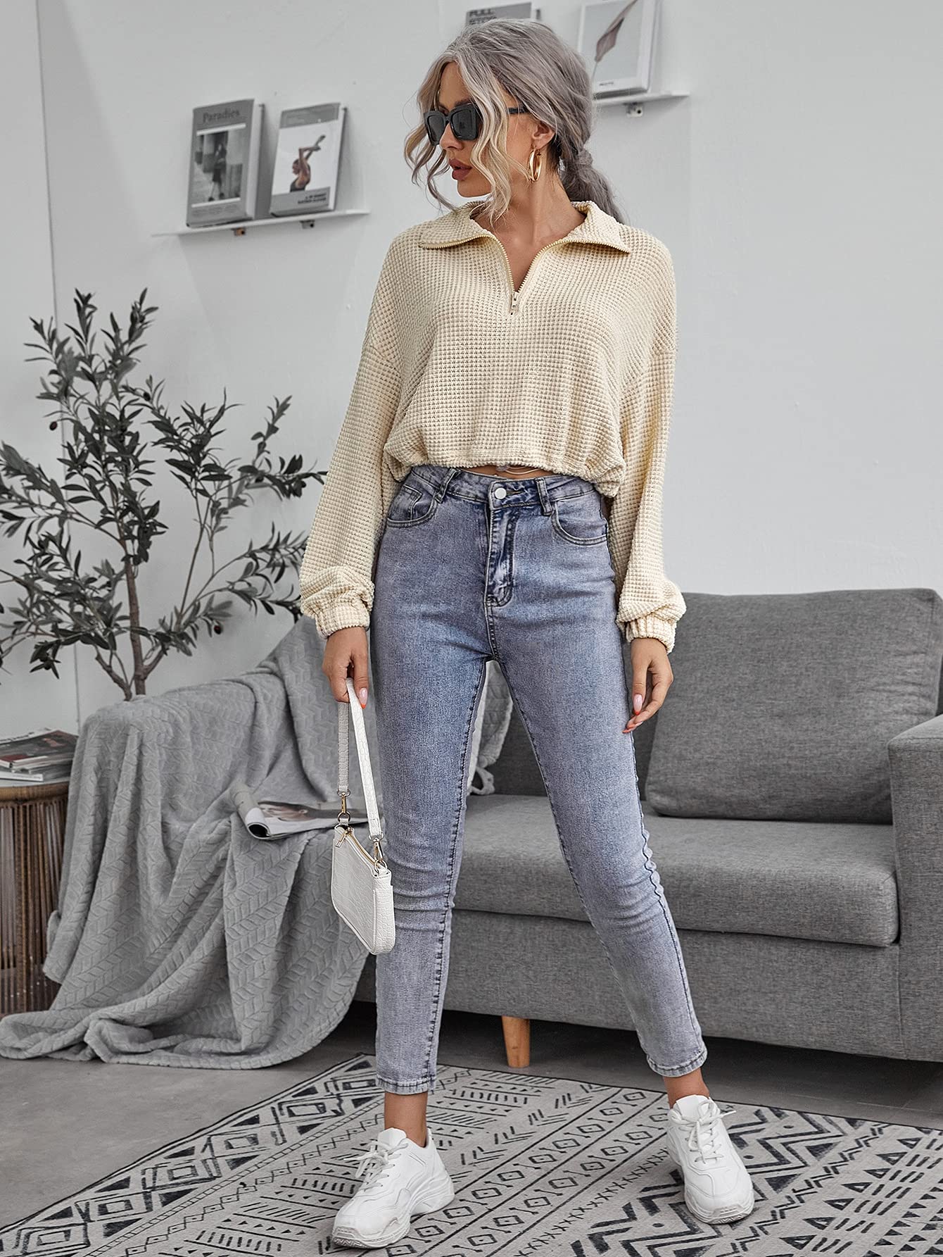 WDIRARA Women's Casual Long Sleeve Half Zip Pullover Sweatshirt - Cropped Waffle Knit Top with Drawstring in Beige | Perfect for Fall Layering, Coffee Dates & Weekend Outfits