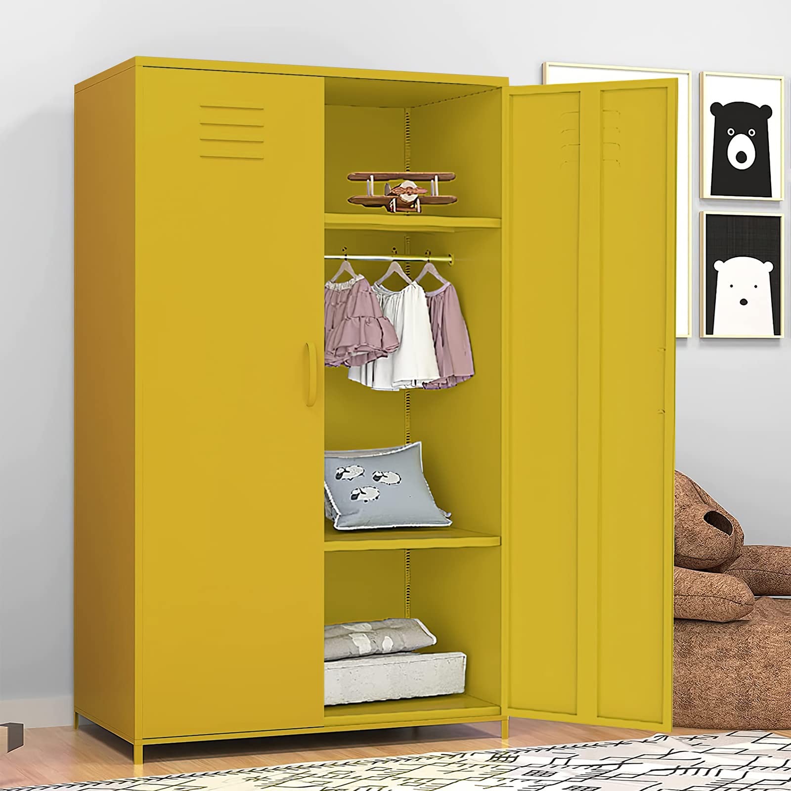 Yellow Steel Locker Cabinet - Double Door Metal Storage Locker with Hanging Rod & Shelves for Bedroom, School, Classroom - Perfect for Organizing Toys, Clothes & Sports Equipment