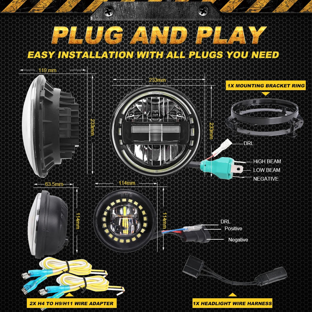 LOYO 7 Inch King Kong LED Headlight & 4.5 Inch Passing Light Kit for Harley Davidson Motorcycles - High Visibility Day/Night Riding, Cruiser & Touring Bike Accessories