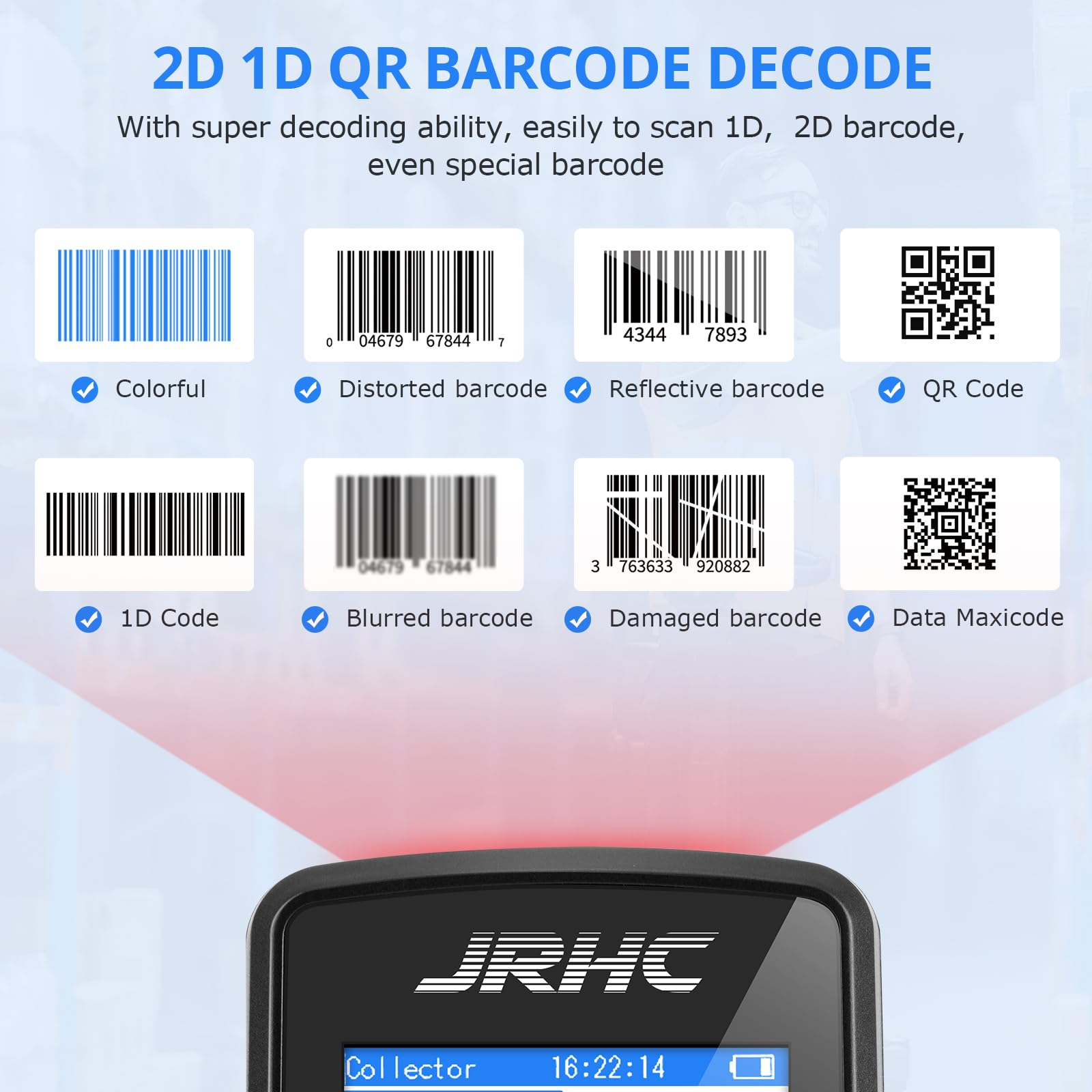 JRHC 1D 2D Wireless Barcode Scanner - Portable Inventory Management Device with 2.8