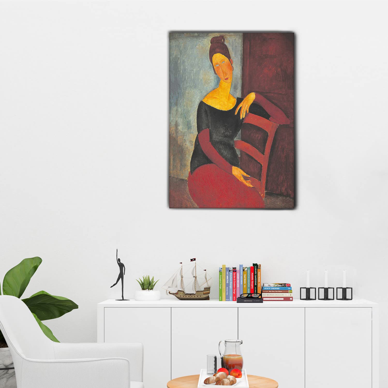 Giallobus Premium Thick Canvas Wall Art - Amedeo Modigliani 'Jeanne Hebuterne in Red Chair' Modern Home Decor Painting - 70x100cm - Perfect for Living Room, Bedroom & Office Decoration