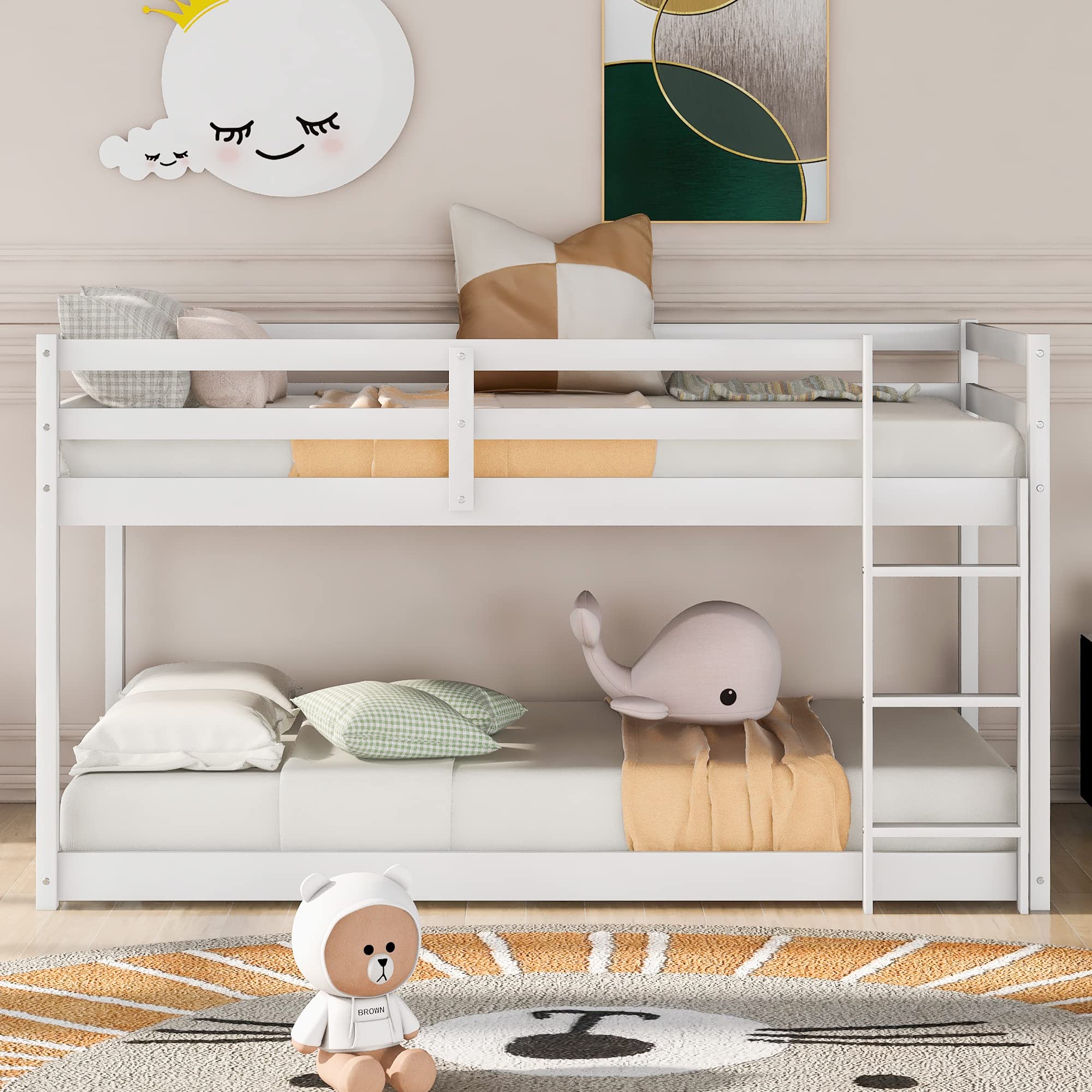 Twin Over Twin Bunk Bed with Ladder & Safety Guardrails - Solid Pinewood Bed Frame for Kids - Space Saving Low Floor Bunk Bed for Boys & Girls Bedroom - No Box Spring Needed - Perfect for Small Rooms & Shared Kids Spaces (White)
