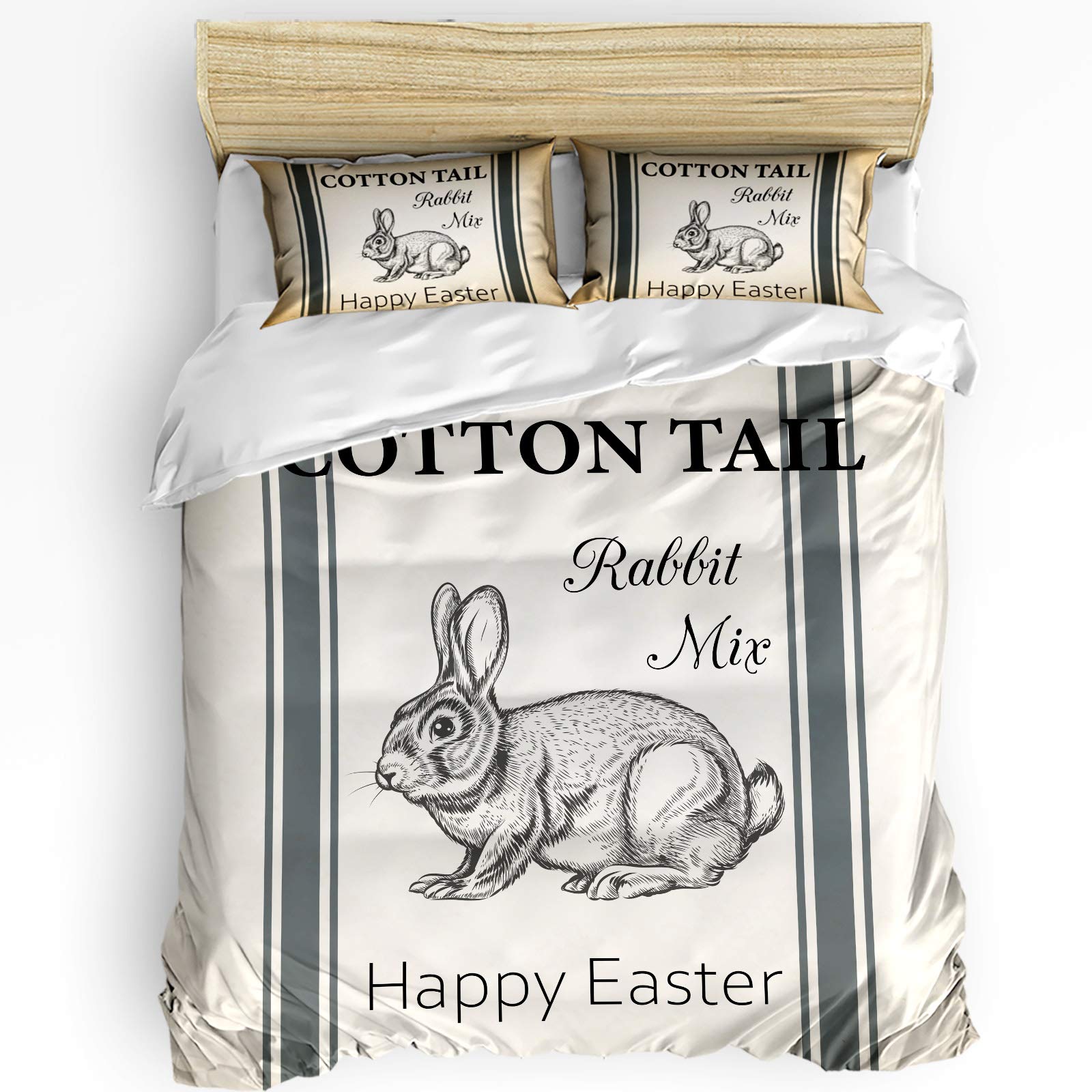 ALAGEO Rabbit Cotton Tail 3-Piece Duvet Cover Set - California King Size, Striped Retro Design, Microfiber with Zipper Closure - Perfect for Easter, Spring Holidays & Cozy Bedroom Decor