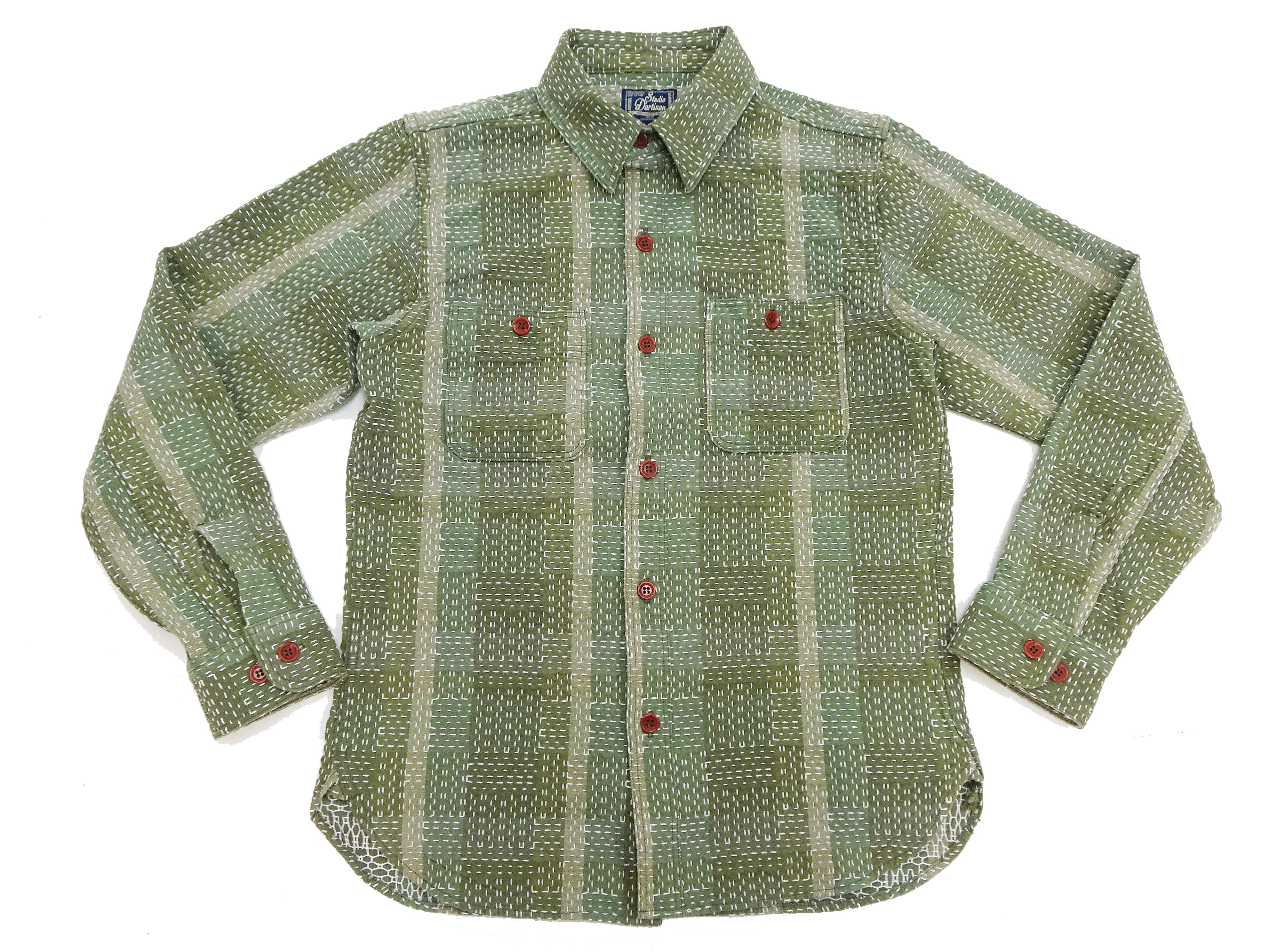 Studio D'Artisan Sashiko Work Shirt for Men - Boro Noragi Long Sleeve Casual Shirt (SDA 5651/5651R, Green) - Perfect for Workwear, Street Style & Japanese Fashion Enthusiasts