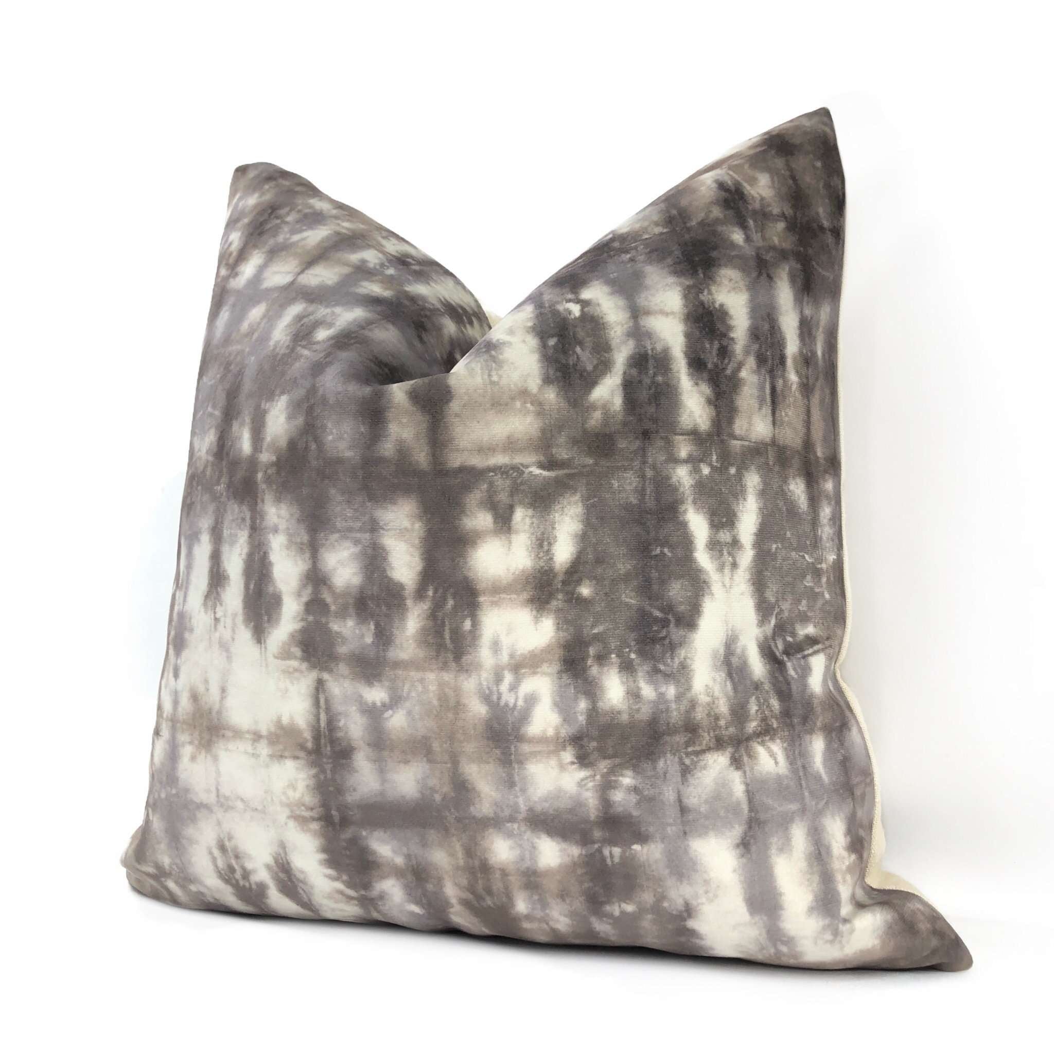 Tie Dyed Velvet Pillow Cover - Soft Taupe Gray Cream Velvet Pillowcase for Sofa, Bed, Couch - Boho Home Decor & Living Room Accessories