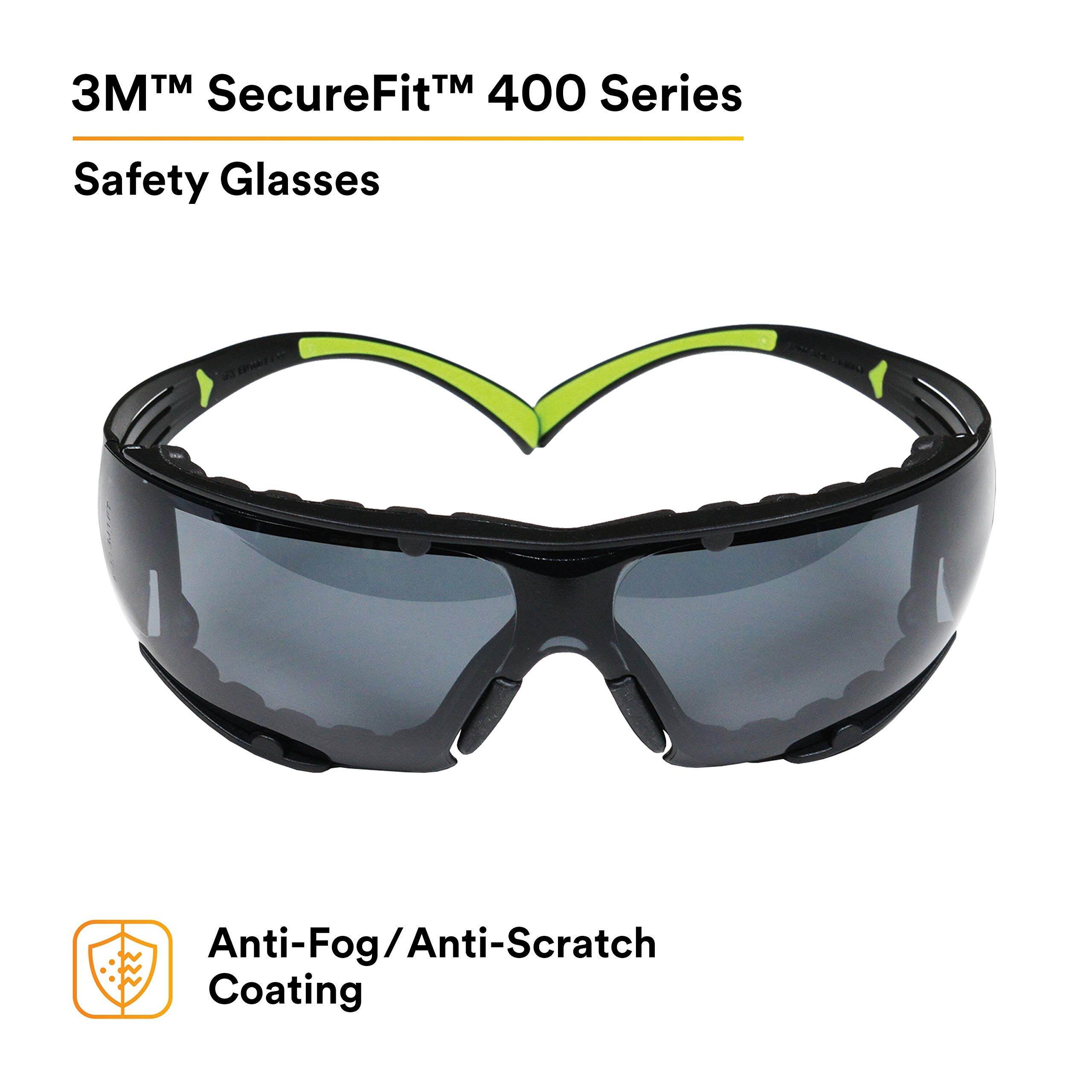 3M SecureFit 400 Safety Glasses for Men & Women - Z87 Certified, Anti-Fog & Anti-Scratch Gray Lens, Green/Black Polycarbonate Frame with UV Protection - Ideal for Construction, Woodworking, Lab Work & DIY Projects