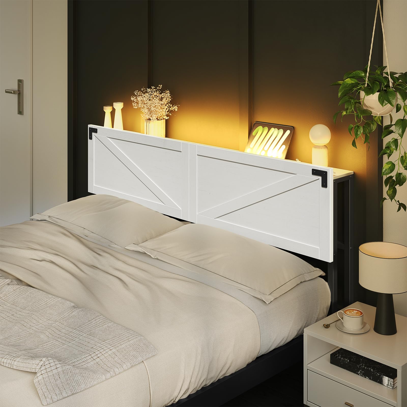 King Size Headboard with 2 Outlets & 4 USB Ports - Farmhouse Style LED Headboard with Secure Storage & Bed Frame Adapter - White & Black - Perfect for Bedroom Upgrade & Modern Home Decor