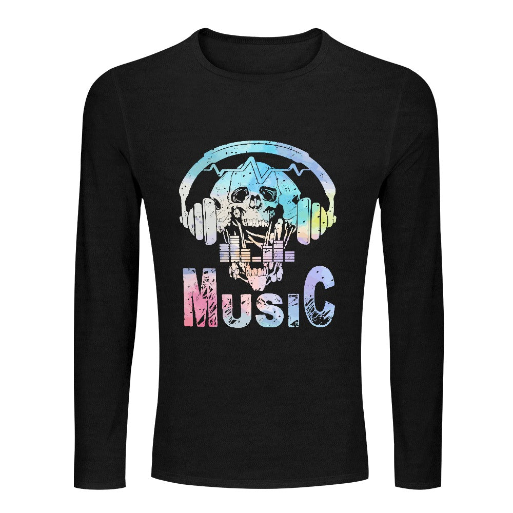 Skull Music Graphic Long Sleeve Crewneck T-Shirt for Men & Women | Vintage Rock Band Tee | Perfect for Concerts, Halloween & Casual Wear