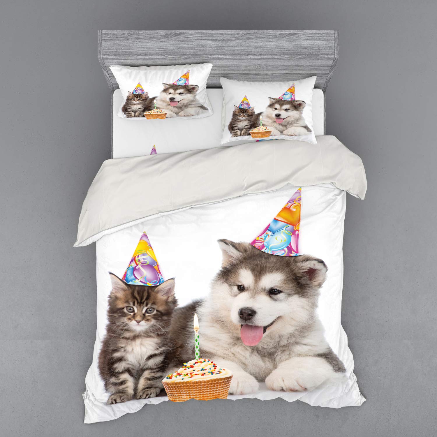 Ambesonne Birthday Duvet Cover Set - Dog & Cat Pet Theme with Party Hats & Cupcakes, 4-Piece Queen Size Bedding Set (Shams + Fitted Sheet) in White & Brown - Perfect for Pet Lovers' Bedrooms & Birthday Gift Ideas