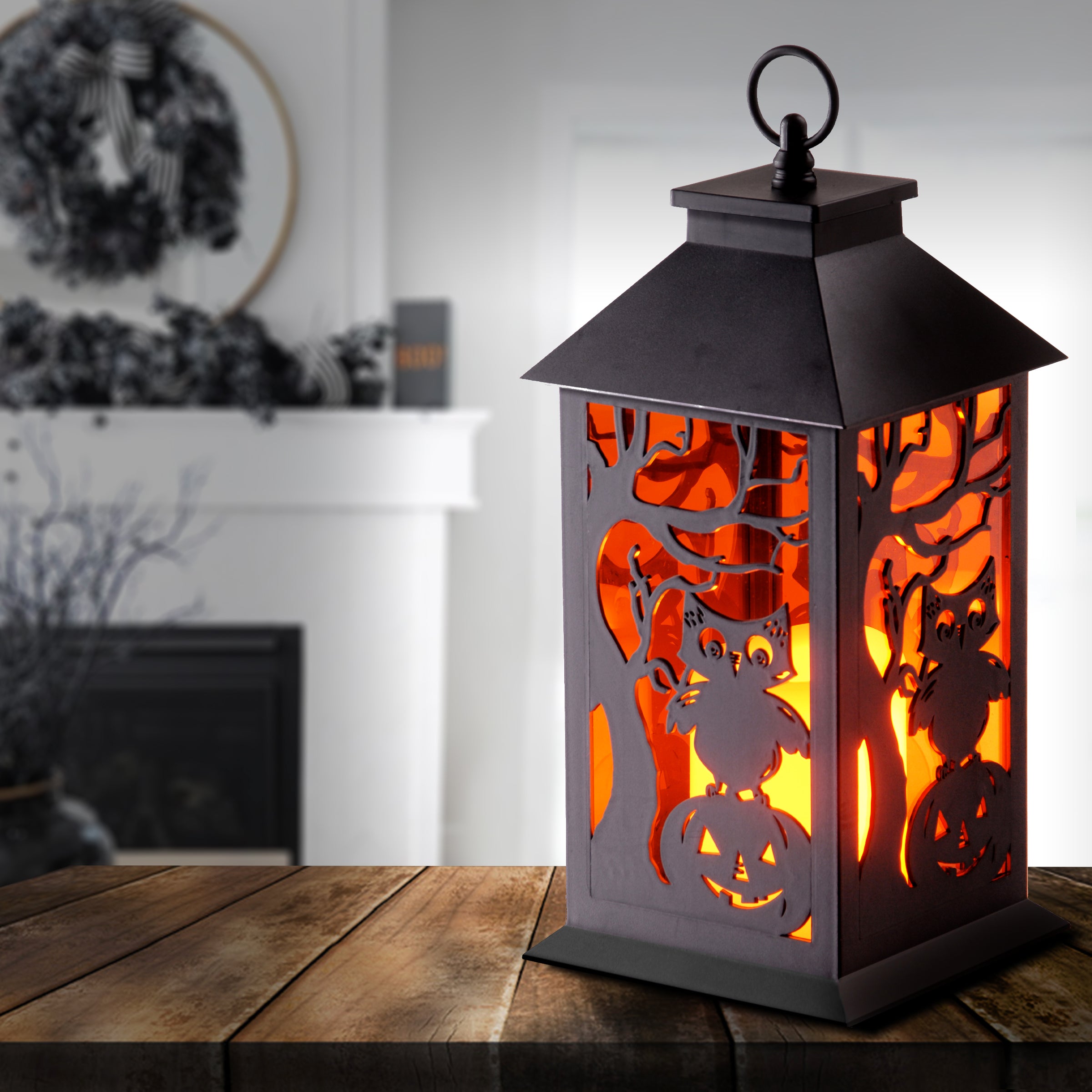 12 Inch Halloween LED Light-Up Pumpkin Lantern with Carved Owl & Leafless Tree Designs - Spooky Outdoor & Indoor Decor for Parties, Porch, Yard, and Home