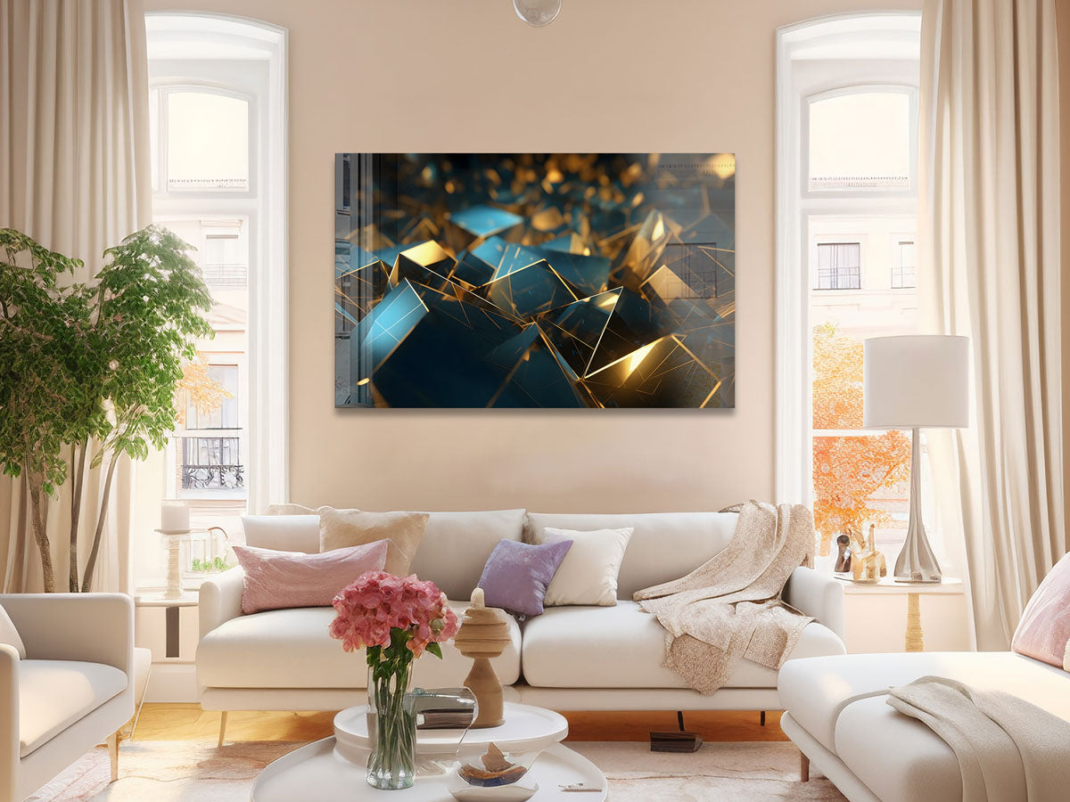 Abstract Golden & Blue Cubes Wall Art - Modern Geometric 3D Decor for Living Room, Bedroom & Office - Perfect for Home & Office Decor