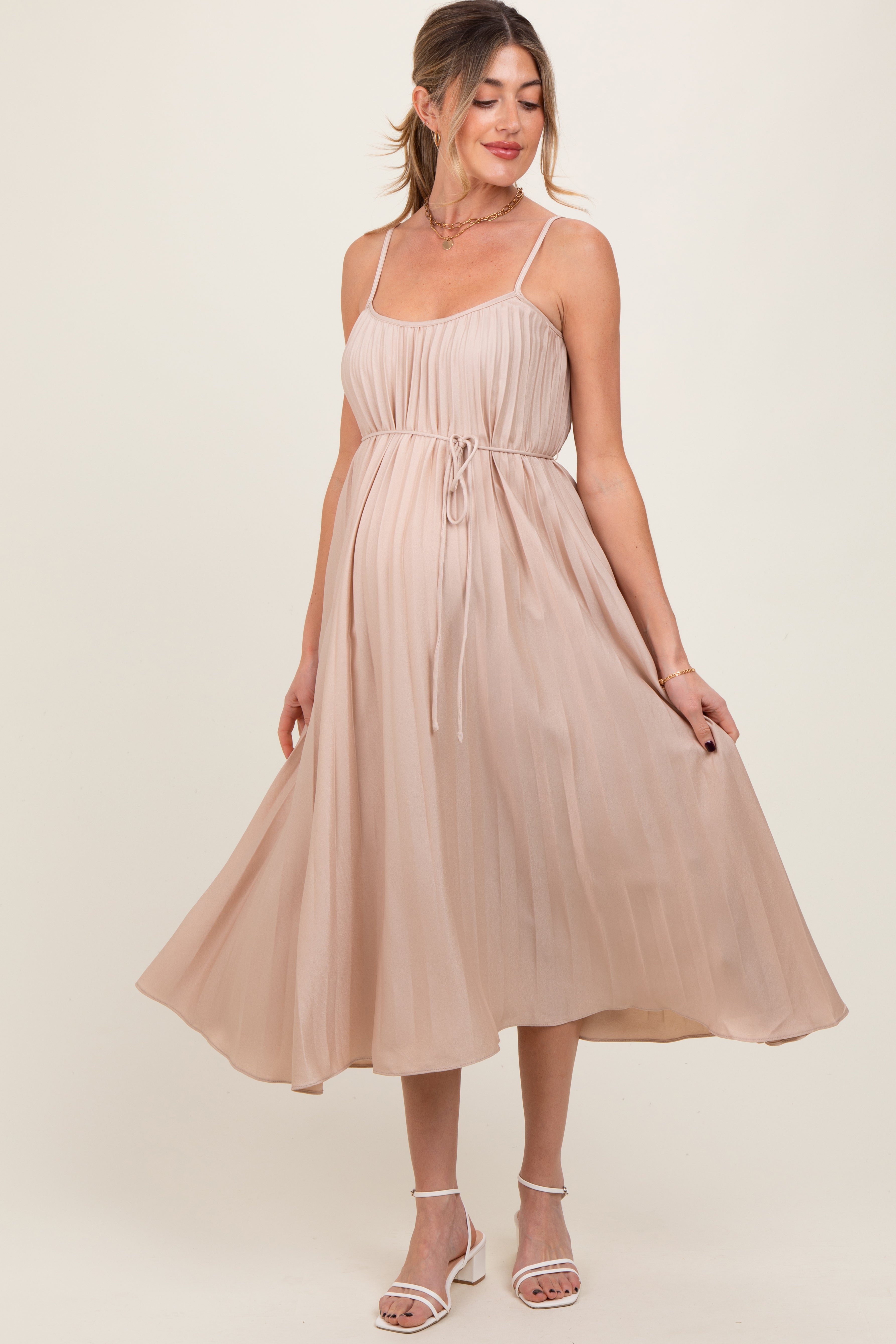 Beige Pleated Sash Tie Maternity Midi Dress for Pregnancy - Comfortable Stretchy Flowy Dress for Baby Shower, Maternity Photos & Special Occasions