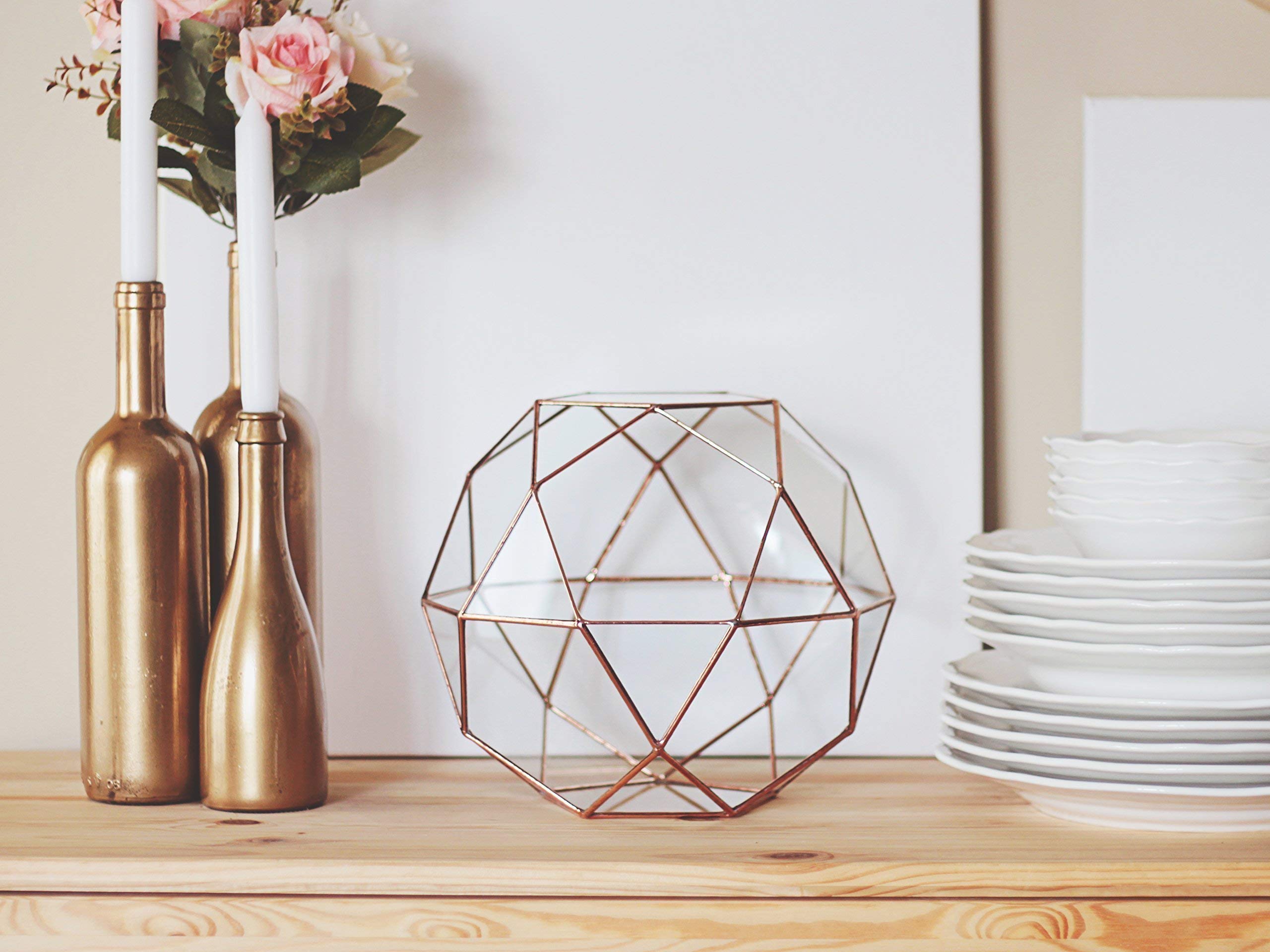 Geometric Glass Terrarium Planter for Indoor Plants - Large Icosidodecahedron Shape in Copper, Silver & Black - Modern Home & Office Decor for Succulents, Air Plants & Mini Gardens