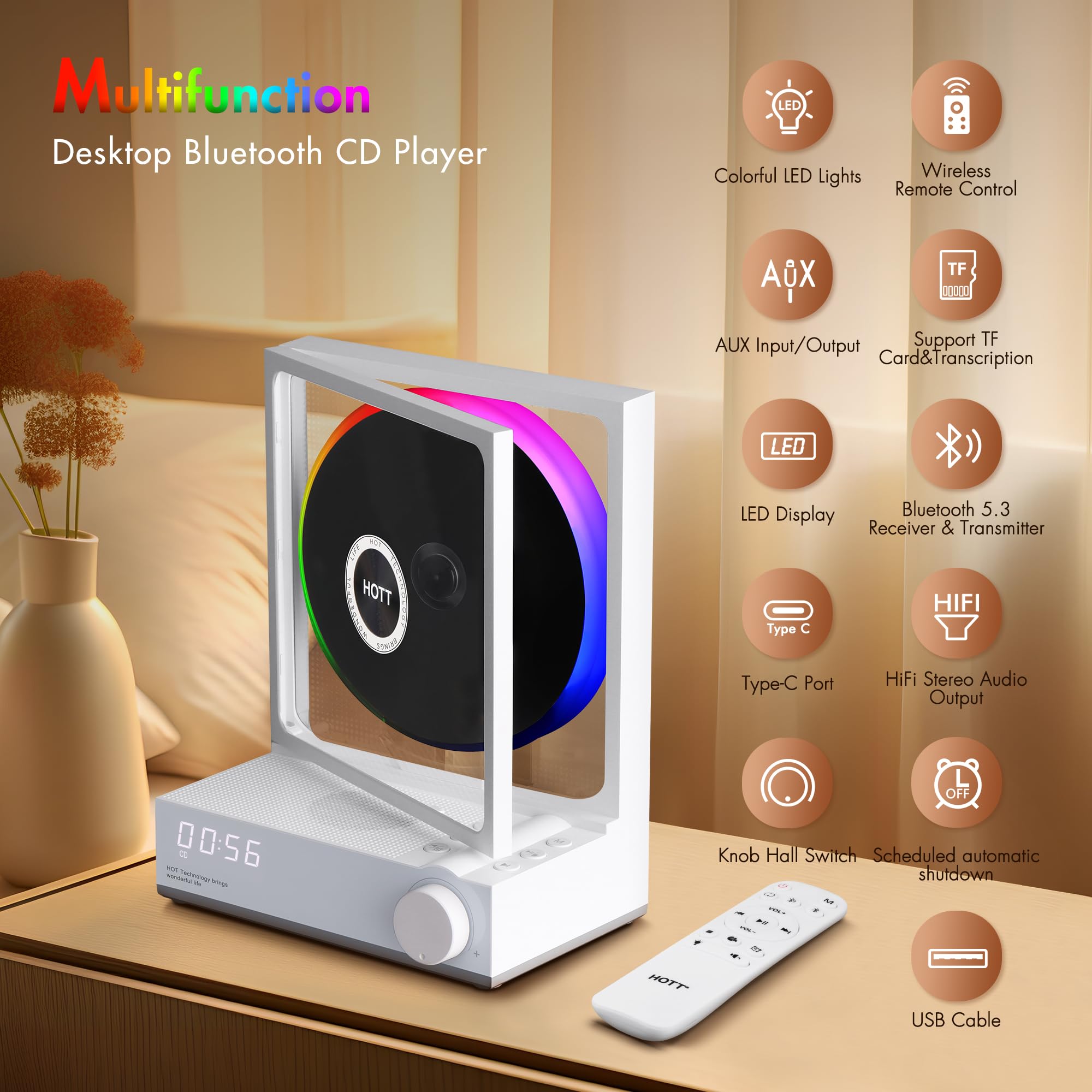 Portable Bluetooth CD Player with HiFi Stereo Sound, USB/TF Card Reader & RGB Lights - Compact Desktop CD Player for Home, Office, Dorm | Perfect for Music Lovers, Audiobooks, and Retro Music Playback