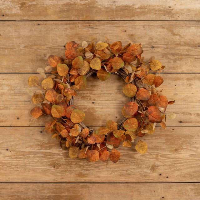 Brown & Orange Eucalyptus Leaves Wreath - Rustic Fall Home Decor for Front Door, Wall, or Table Centerpiece