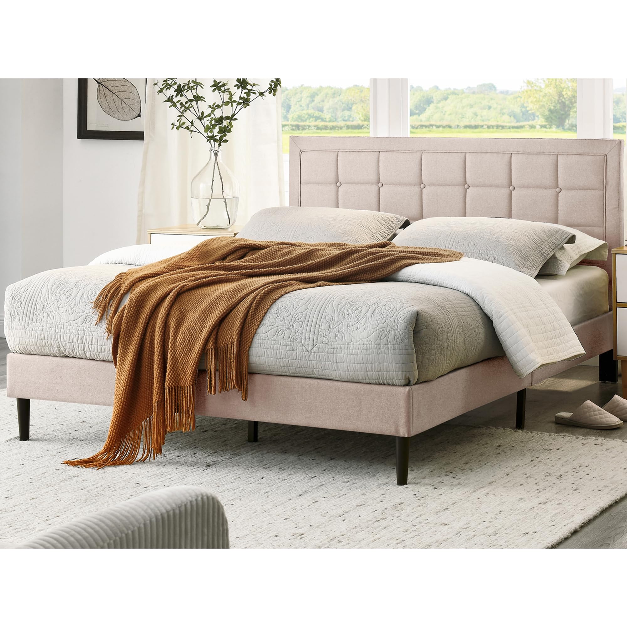 Mornington Upholstered Wood Platform Bed Frame - Full/Queen Size with Linen Fabric - Sturdy Support for Mattress - Perfect for Master Bedroom, Guest Room & Apartment Sleeping