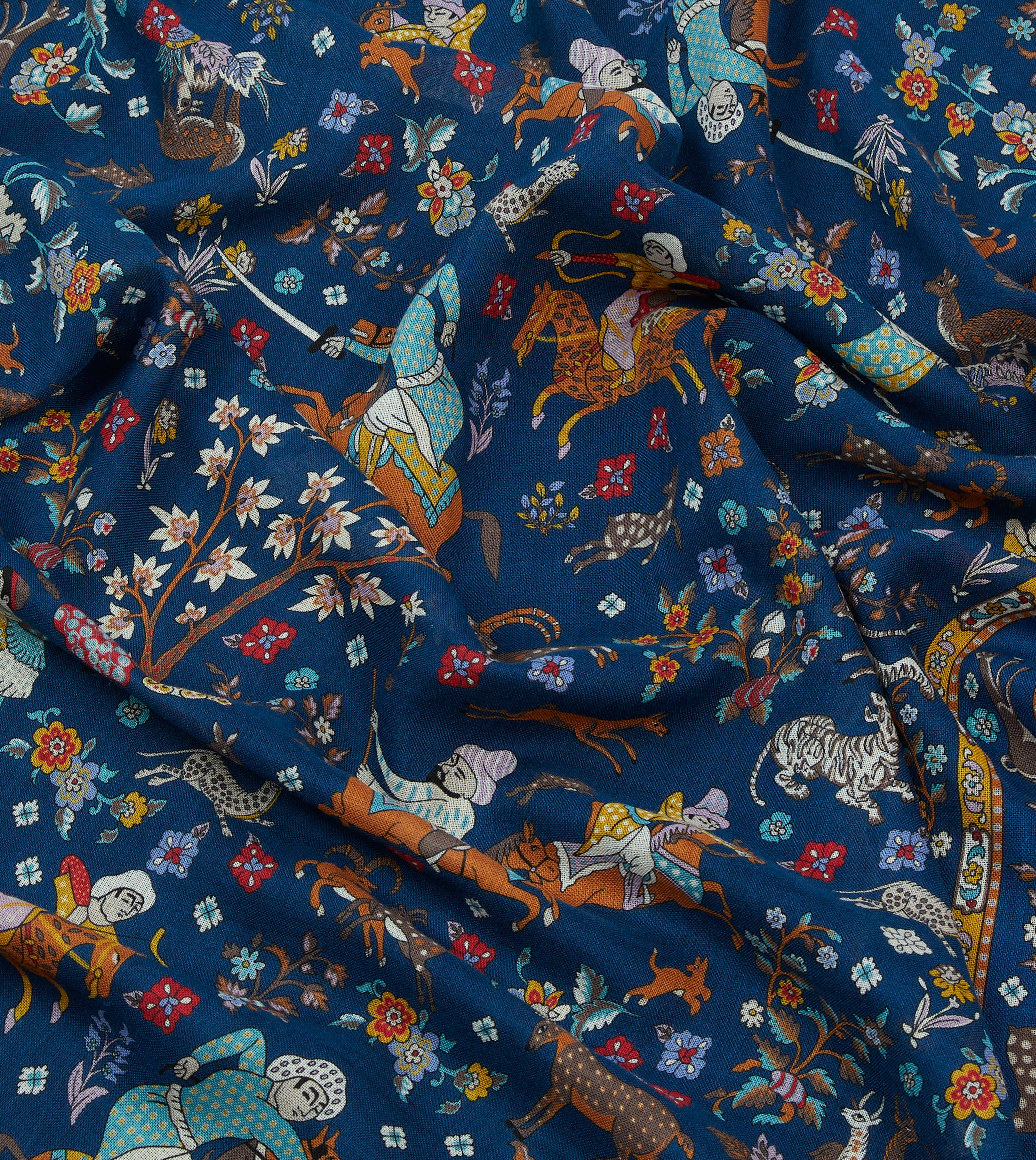 Navy Blue Mughal Print Wool Silk Scarf for Women - Lightweight Summer Shawl Wrap - Perfect for Travel, Beach Cover-Up & Boho Fashion Accessory
