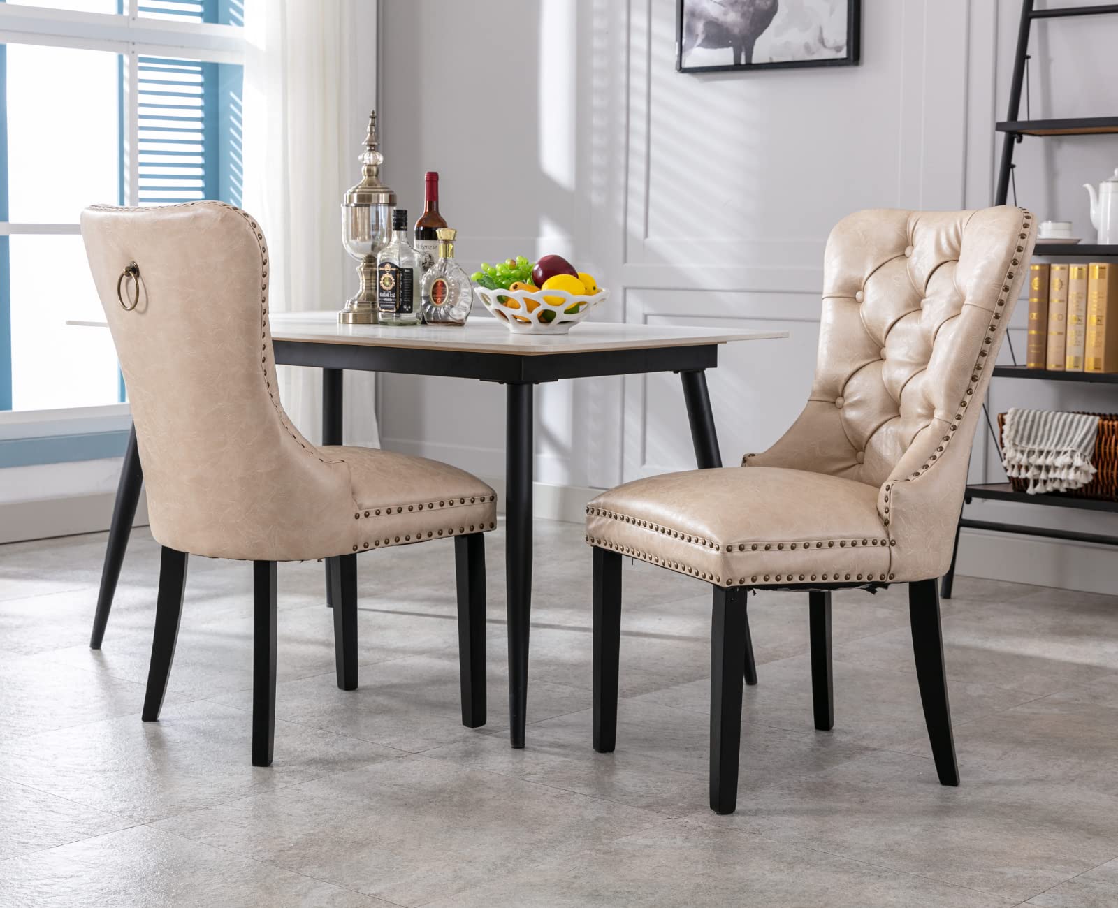 EALSON Mid Century Modern Dining Chairs Set of 2 - Tufted Leather Upholstered Kitchen Side Chairs with Wood Legs & Nail Head Trim - Beige with Ring Design - Perfect for Dining Room, Kitchen Island or Living Room Seating