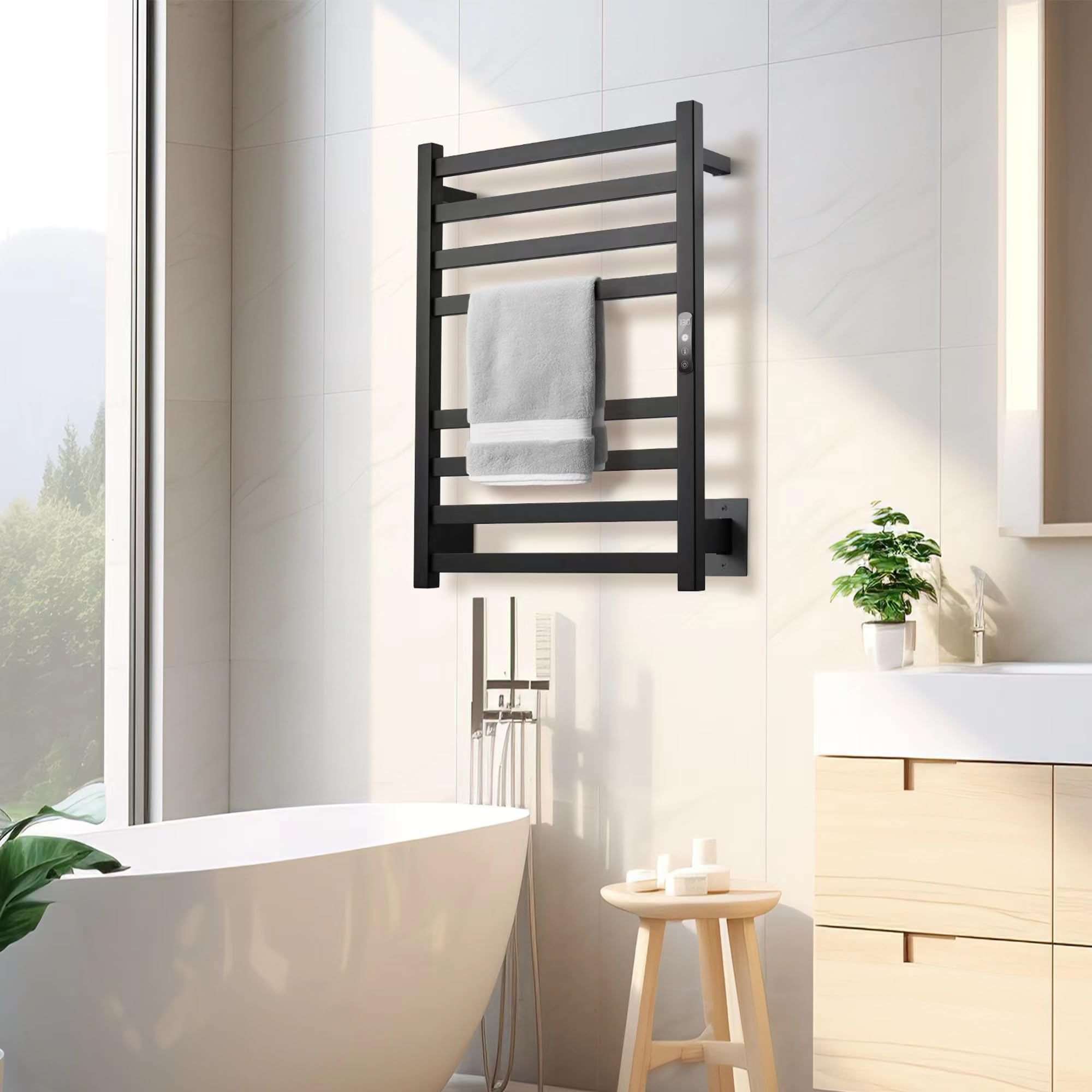 Premium Matte Black Heated Towel Rack - Wall Mounted Electric Towel Warmer & Dryer with Adjustable Temperature Control & 24H Timer - Perfect for Bathrooms, Spas, and Luxury Home Decor (Plug-in/Hardwired Options)