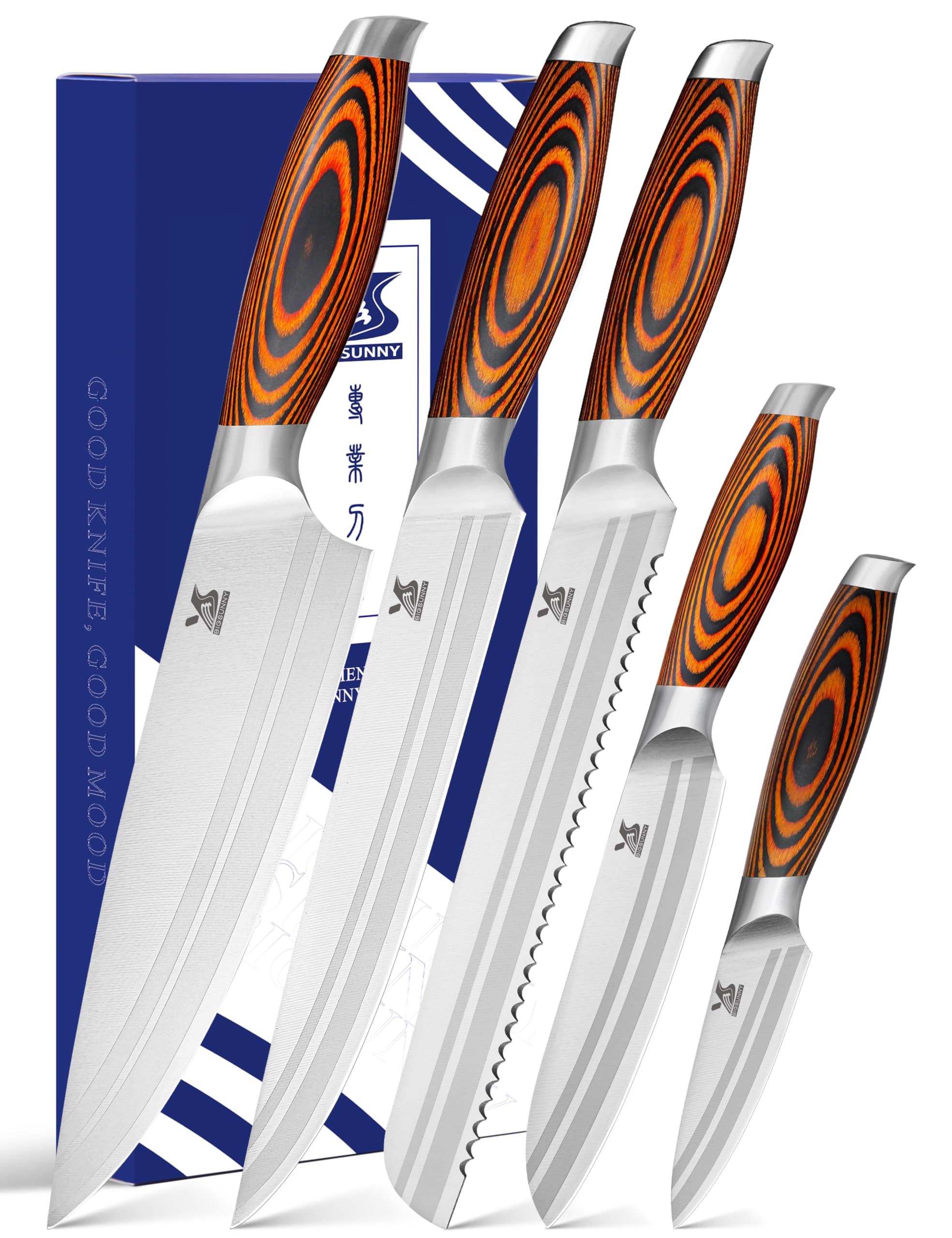 MSY BIGSUNNY 5-Piece Professional German Stainless Steel Chef Knife Set - Tang Series Kitchen Knives for Slicing, Dicing & Chopping - Perfect for Home Cooks & Professional Chefs