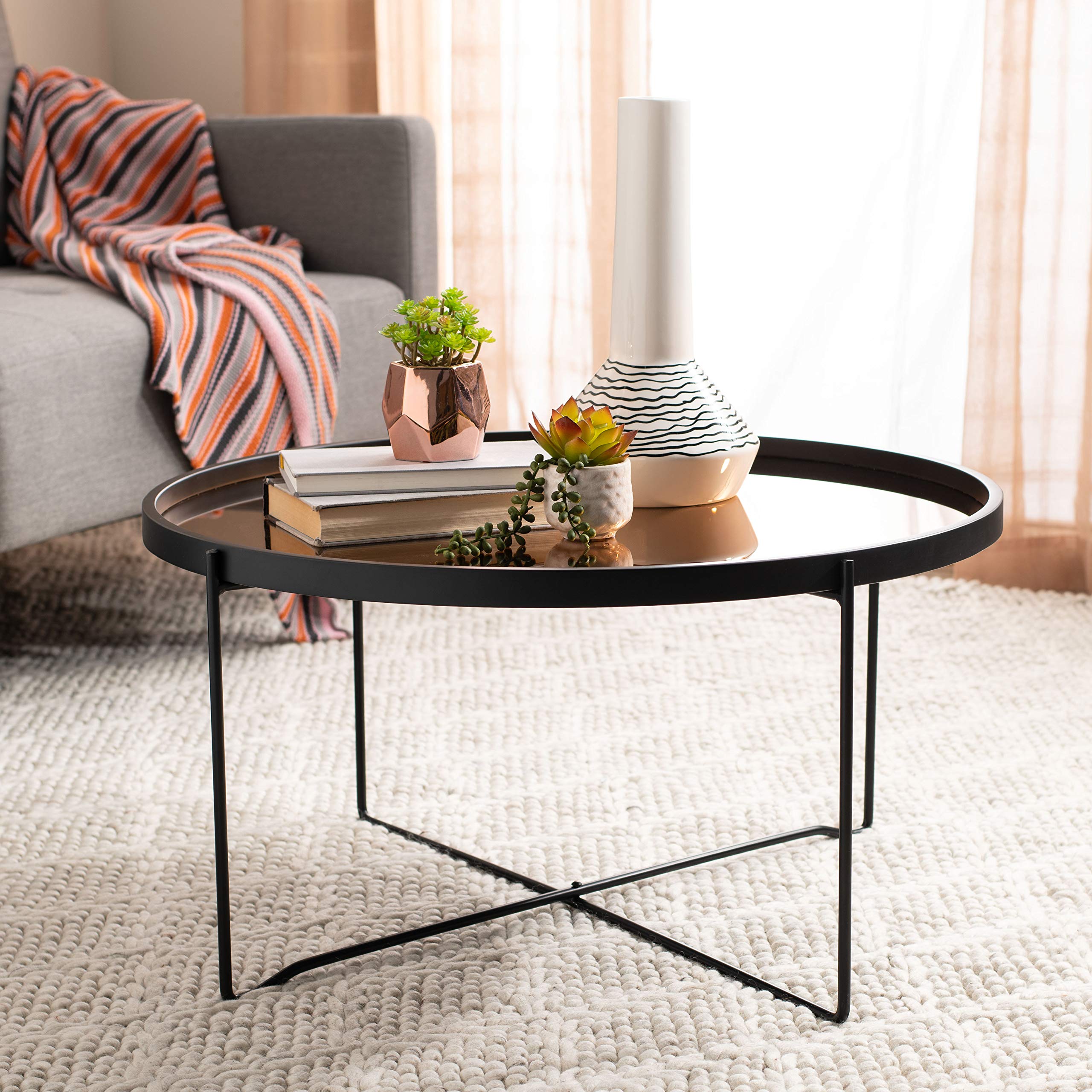 Safavieh Ruby Modern Round Coffee Table with Rose Gold and Black Tray Top - Perfect for Living Room, Lounge & Contemporary Home Decor