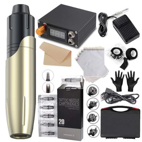10 PCS Professional Tattoo Machine Kit with Tattoo Pen, Transfer Paper, Practice Skin, LED Power Supply & Gloves - Complete Starter Set for Tattoo Artists & Beginners - Perfect for Home Studio, Tattoo Practice & Professional Use