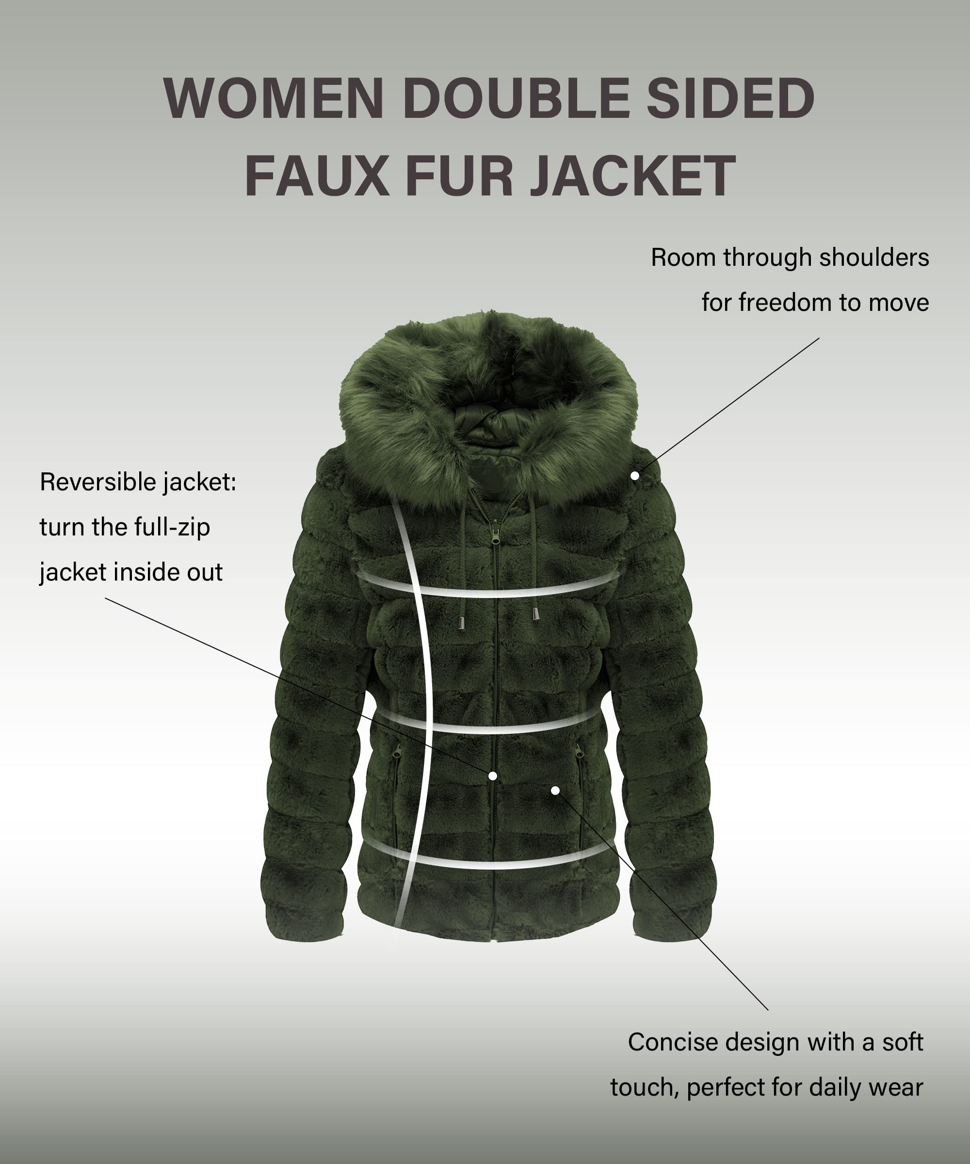 Bellivera Women's Reversible Faux Fur Jacket - Double Sided Winter Coat with Hood & Fur Collar | Warm Fashion Outerwear for Fall, Winter & Spring | Perfect for Casual Outings, Travel & Cold Weather