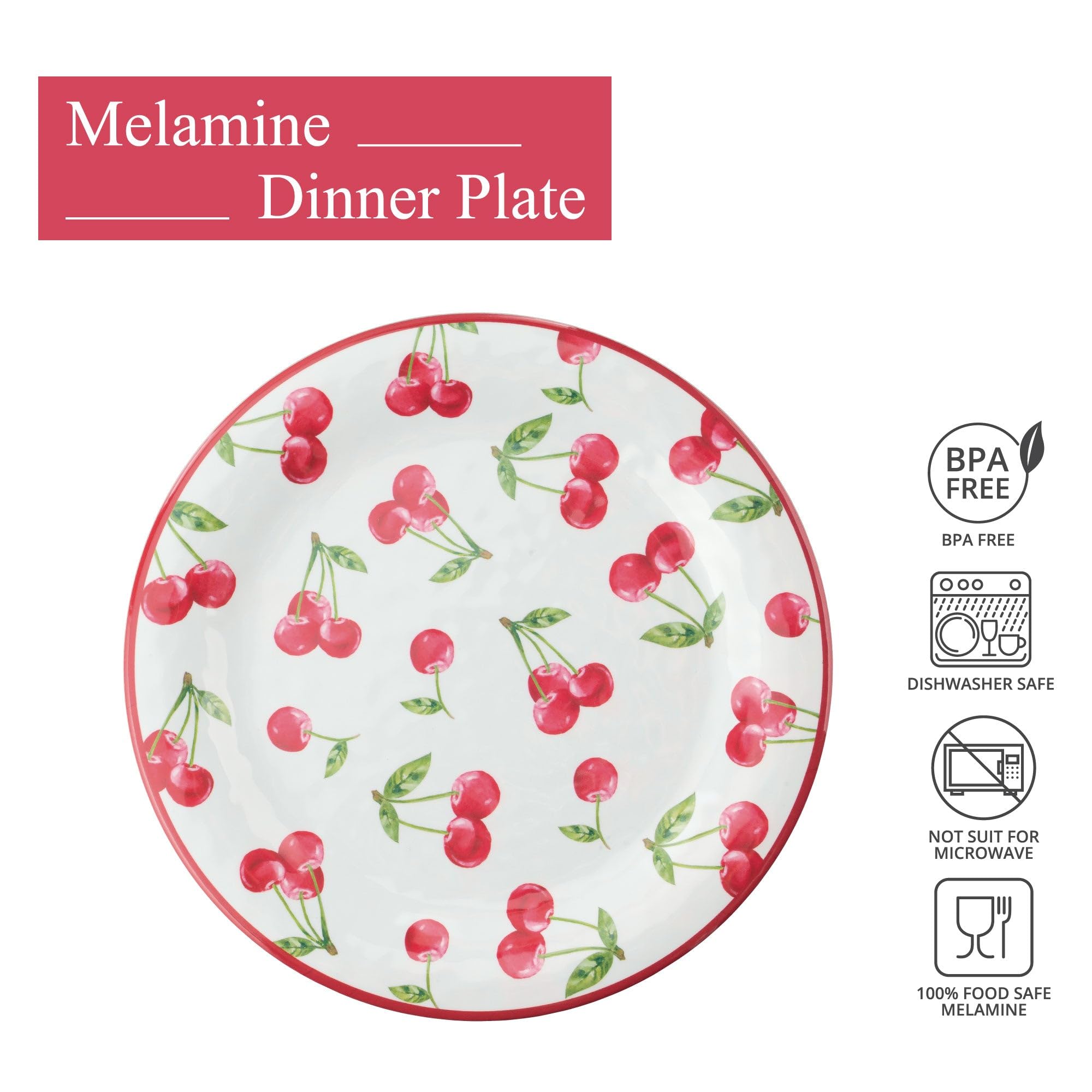 UPware 6-Piece Melamine Dinner Plate Set - BPA-Free, Dishwasher Safe 11-Inch Round Plates for Main Course, Pasta & Salad - Durable & Stylish Cherry Color - Perfect for Restaurants, Catering & Outdoor Dining
