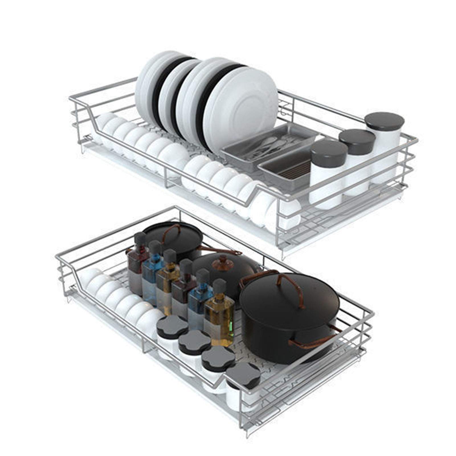 Stainless Steel Pull-Out Cabinet Drawer - 2-Layer Kitchen Storage Rack for Dishes & Shelves